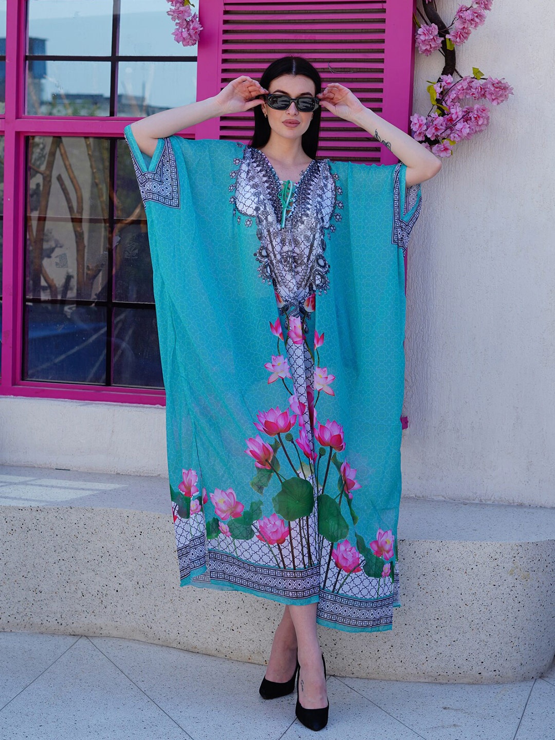 

Rajoria Instyle Floral Printed Kimono Sleeves Semi Sheer Crepe Kaftan Midi Dress, Blue