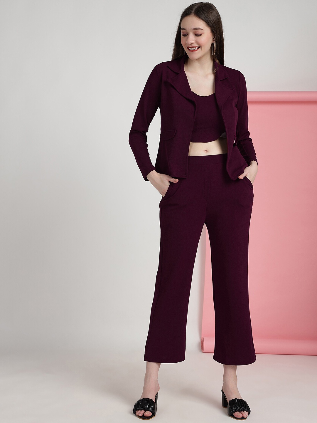 

N N ENTERPRISE Crop Top And Trousers With Jacket Co-Ords, Maroon