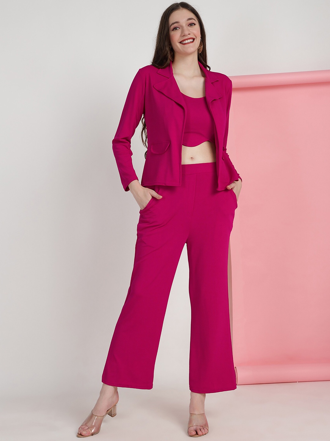 

N N ENTERPRISE Crop Top And Trousers With Jacket Co-Ords, Pink