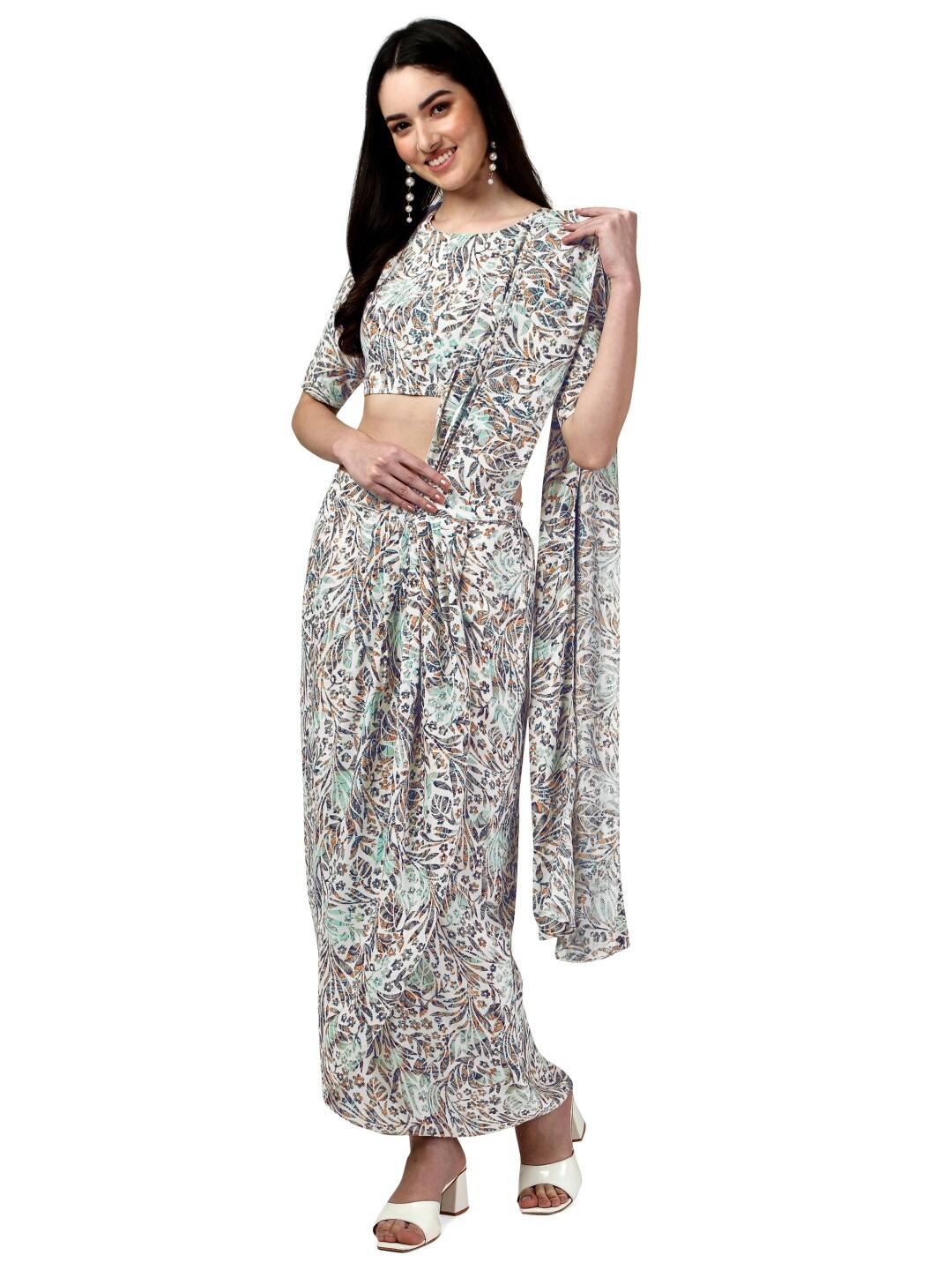 FAB GALAXY Floral Printed Ready to Wear Saree, Beige