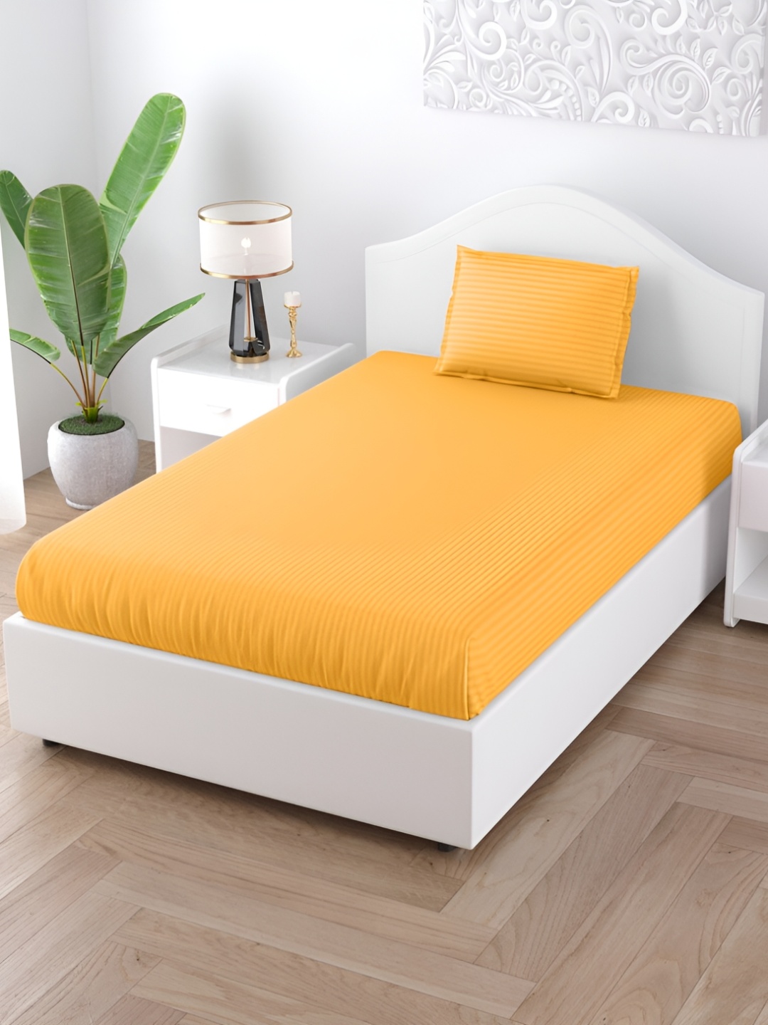 

JAIPUR FABRIC Yellow Satin Striped 150 TC Single Bedsheet with 1 Pillow Cover