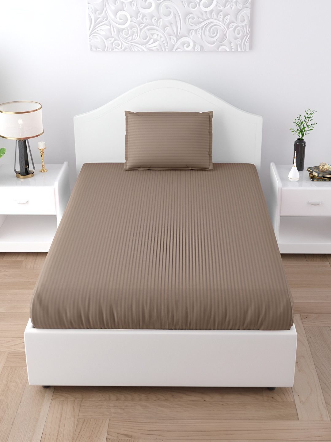 

JAIPUR FABRIC Grey Satin Striped 150 TC Single Bedsheet with 1 Pillow Cover