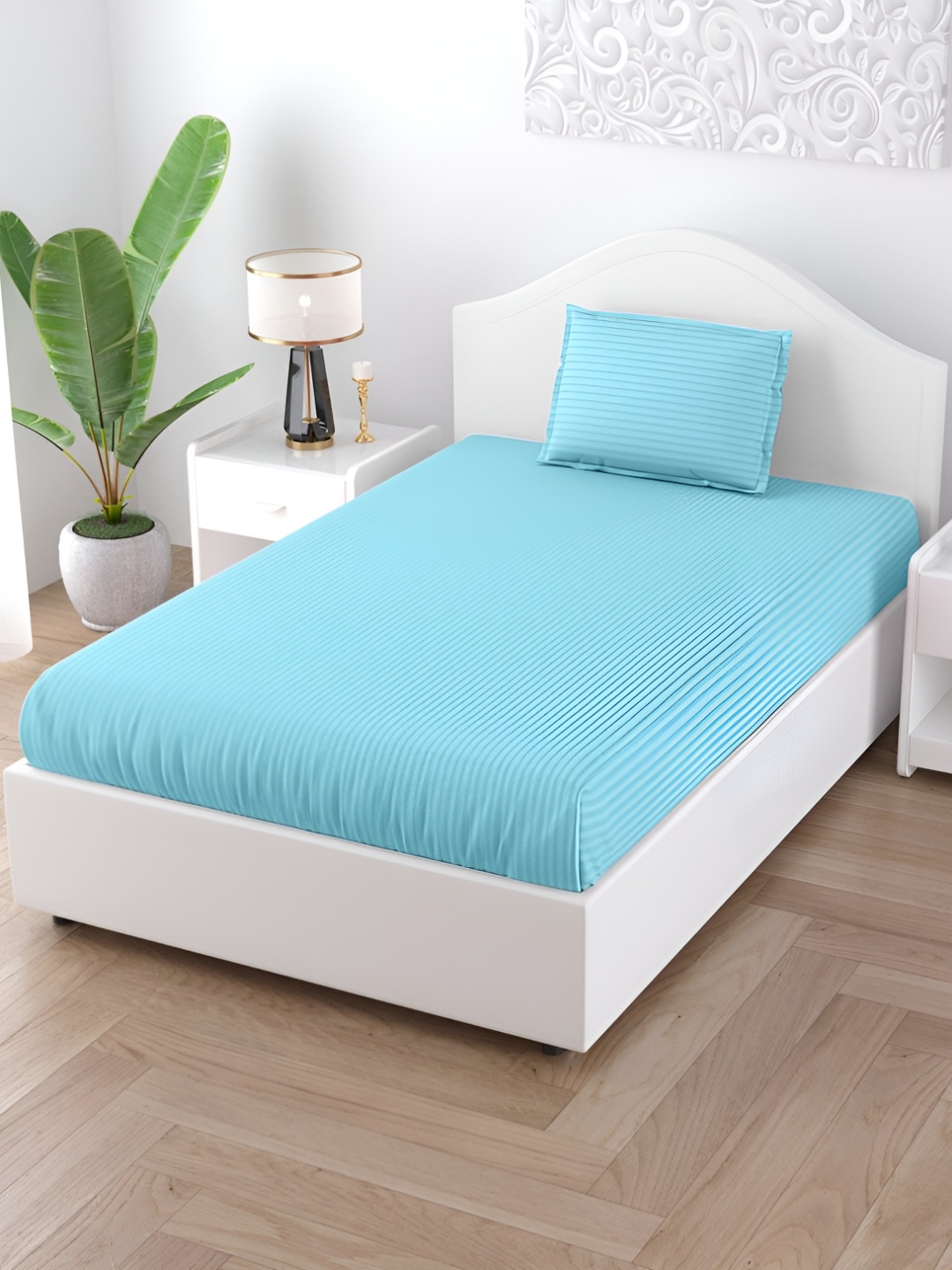 

JAIPUR FABRIC Blue Striped 150 TC Single Bedsheet with 1 Pillow Cover