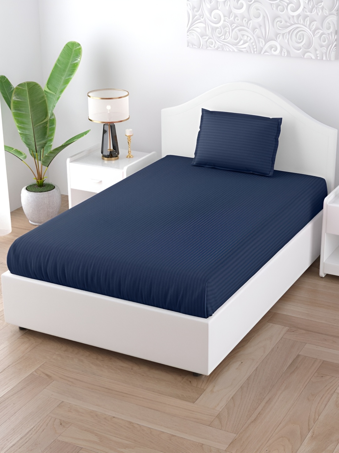 

JAIPUR FABRIC Blue Striped 150 TC Single Bedsheet with 1 Pillow Covers