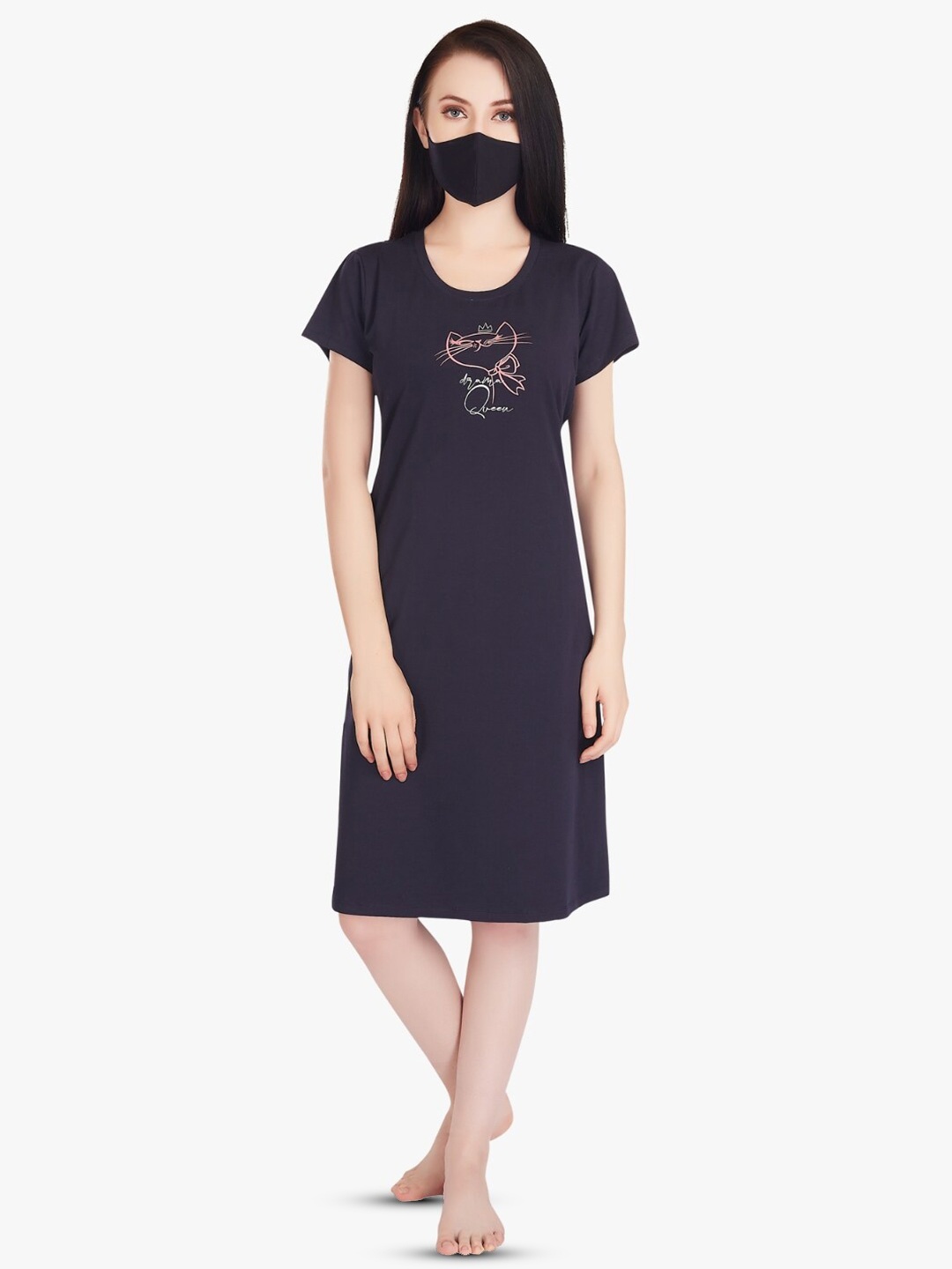

QUIRA Printed Pure Cotton T-Shirt Nightdress, Blue