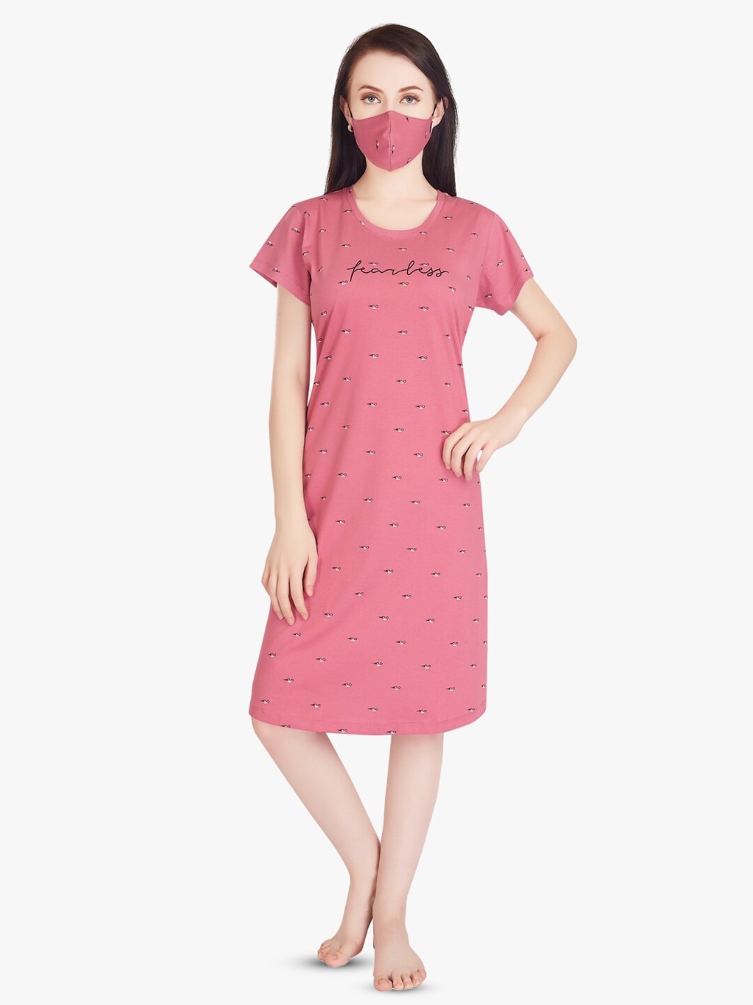 

QUIRA Conversational Printed Pure Cotton Nightdress, Pink