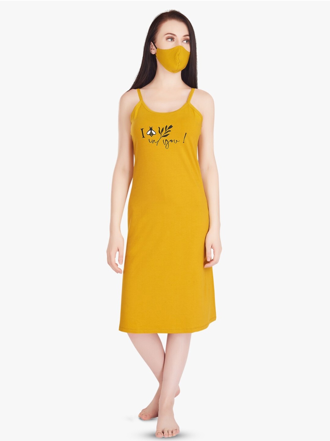 

QUIRA Typography Printed Pure Cotton Nightdress, Yellow