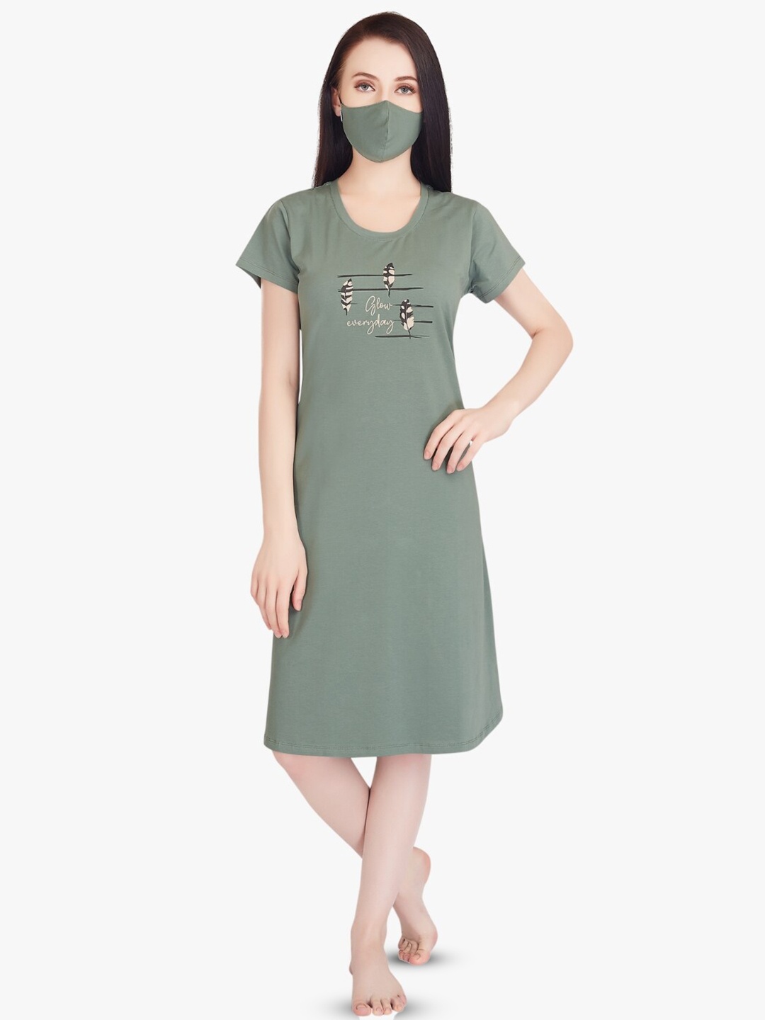 

QUIRA Printed Pure Cotton T-Shirt Nightdress, Green