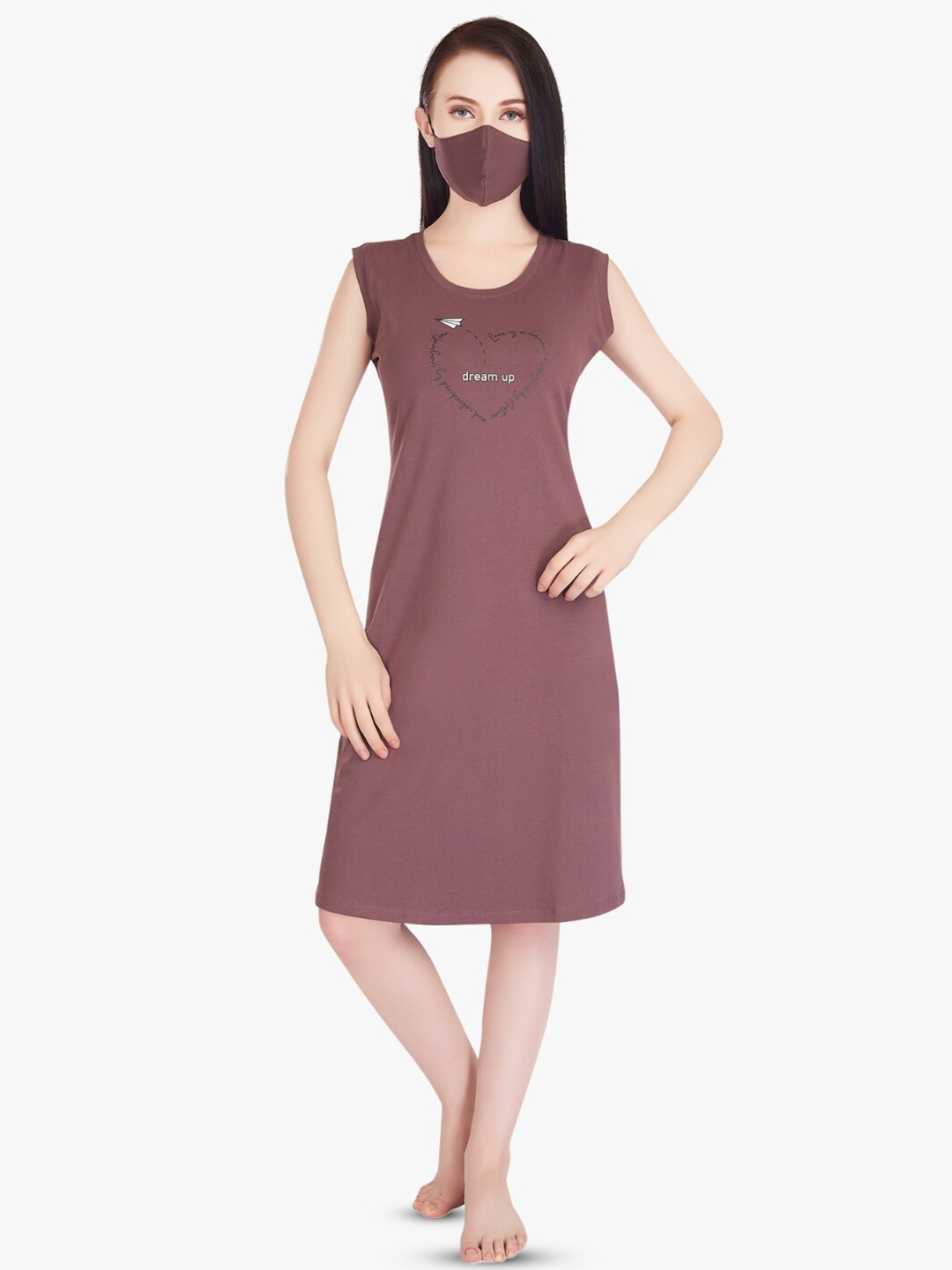 

QUIRA Typography Printed Pure Cotton Nightdress, Brown