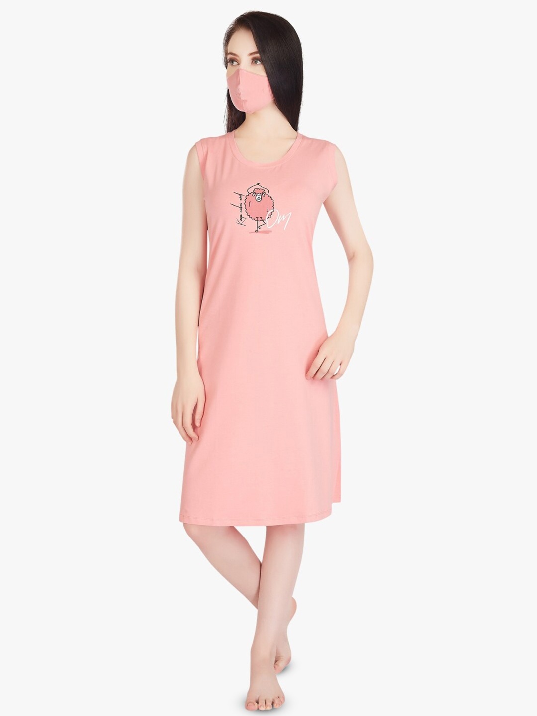 

QUIRA Printed Sleeveless Pure Cotton T-Shirt Nightdress, Pink