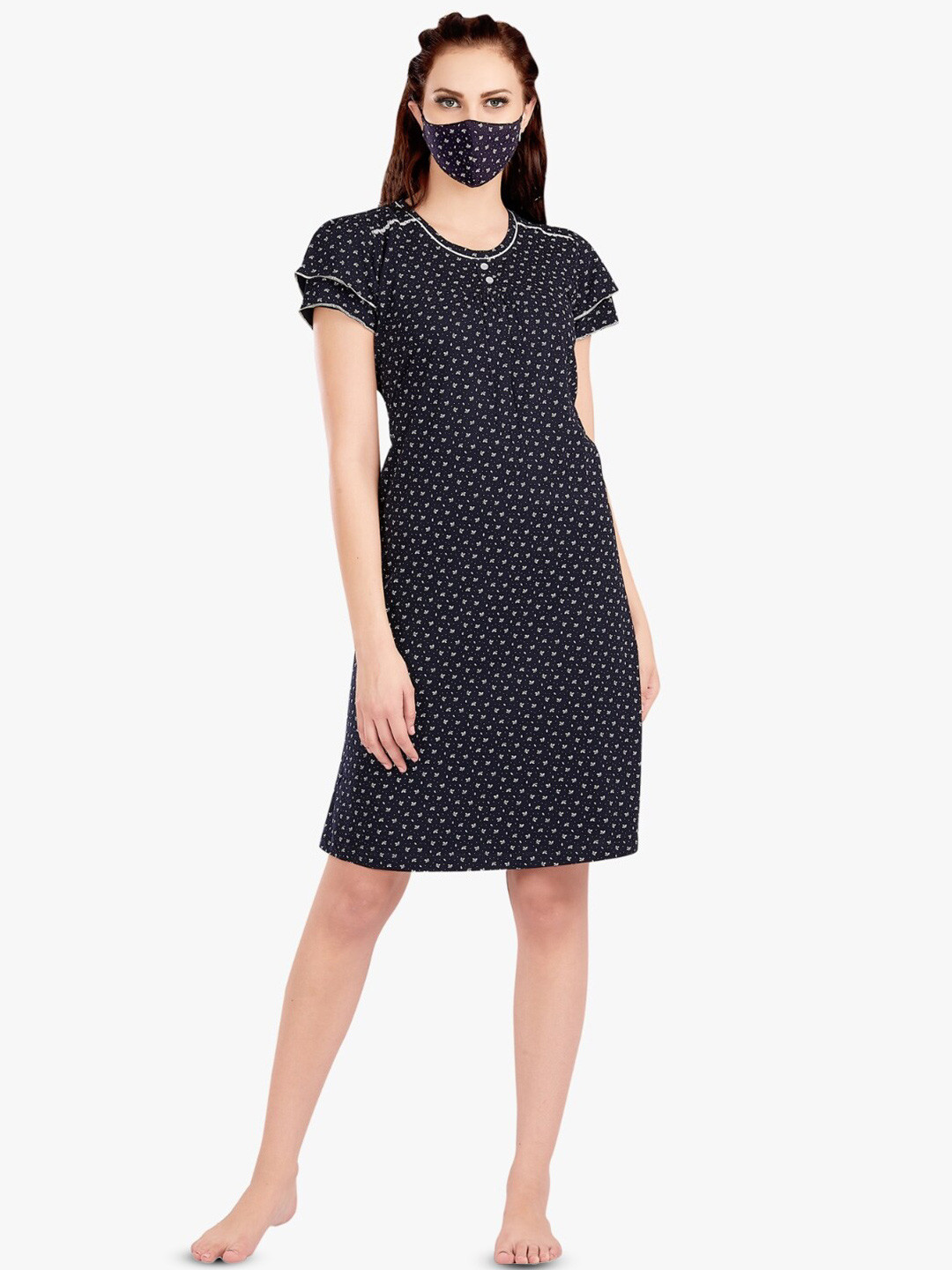

QUIRA Floral Printed Pure Cotton Nightdress, Navy blue