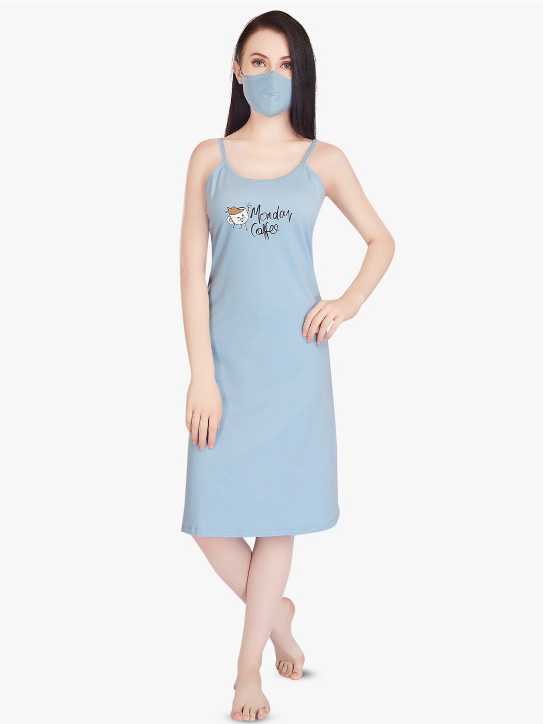 

QUIRA Typography Printed Pure Cotton Nightdress, Blue