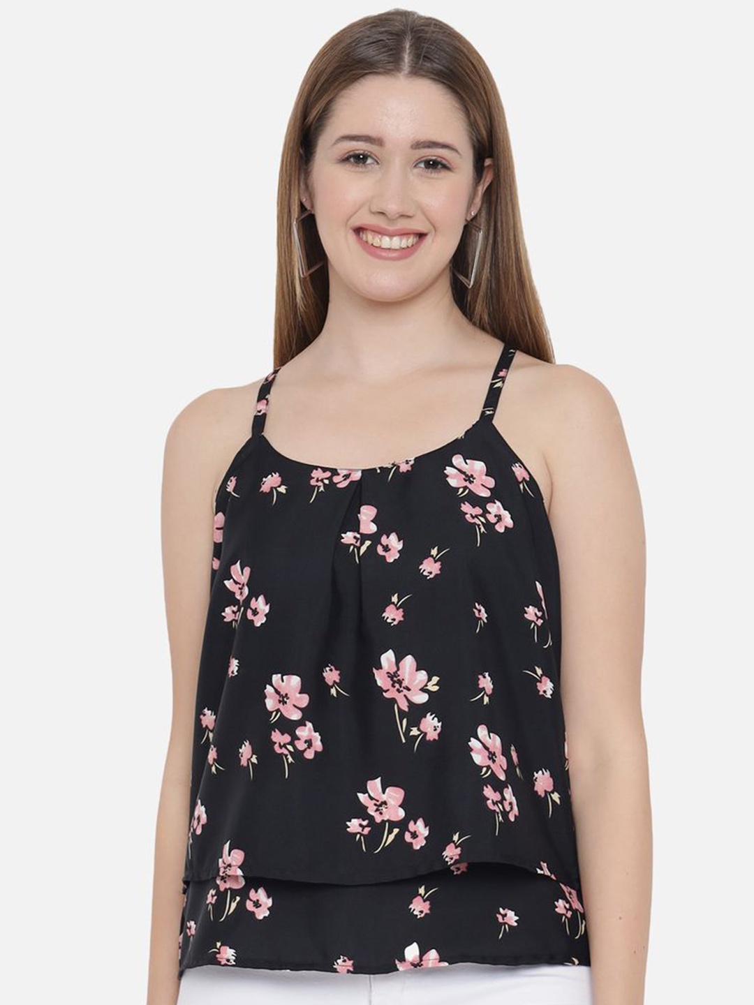

Indietoga Floral Print Crepe Tiered Casual TankTop, Black