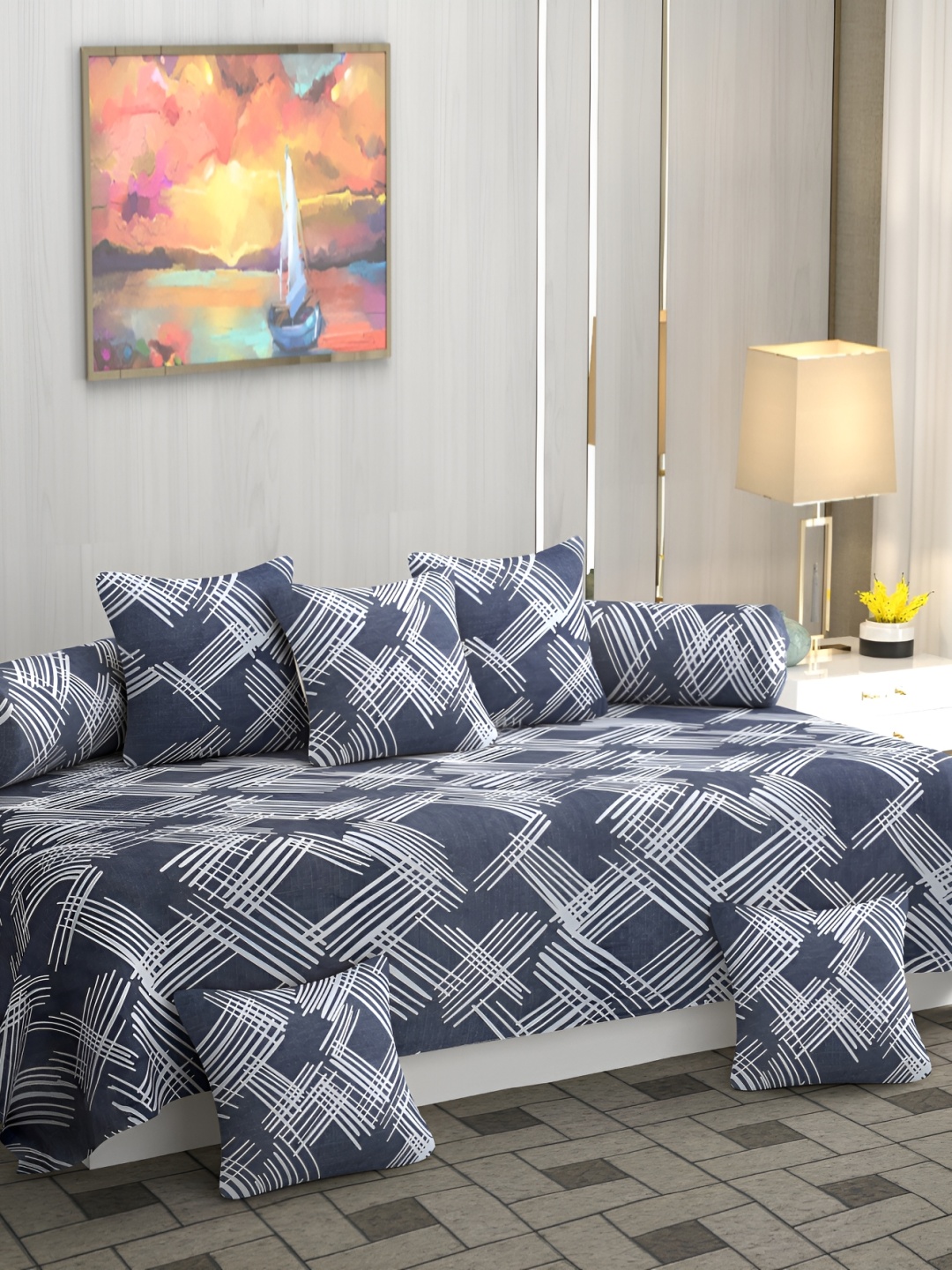 

Jizzby Grey & White 8 Pieces Printed Diwan Set