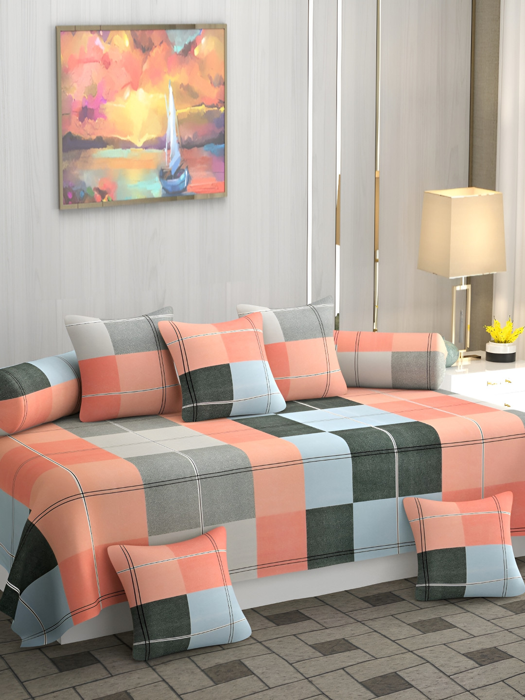 

Jizzby Peach & Grey 8 Pieces Printed Single Diwan Set