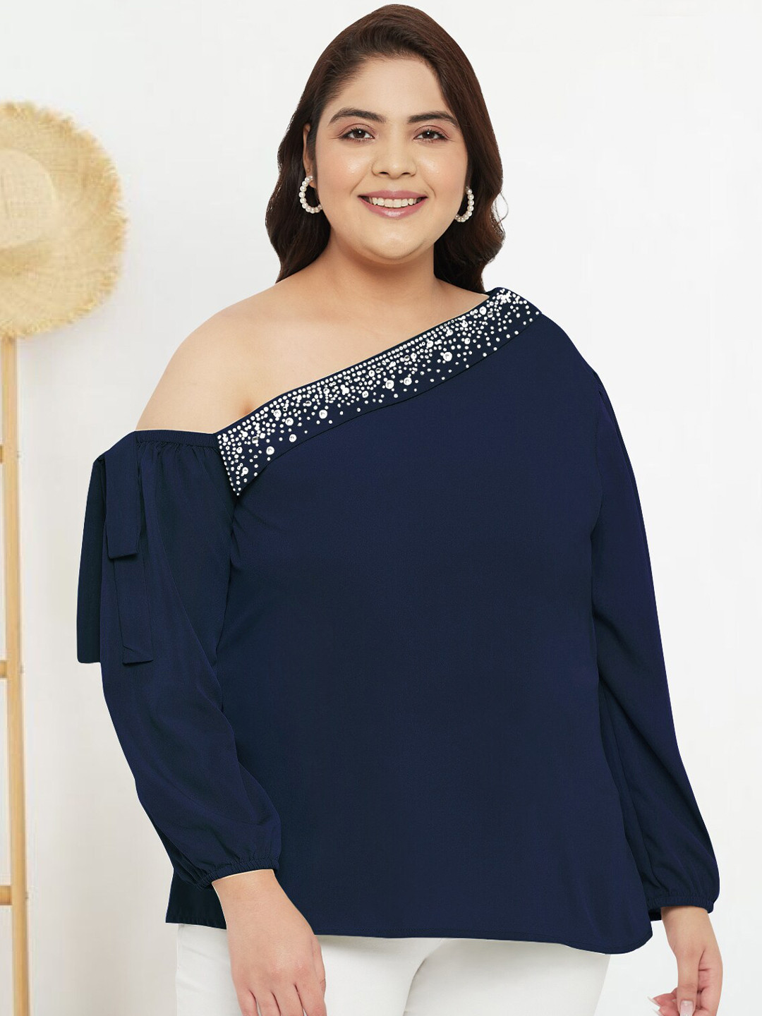 

wild U Plus Size Embellished One Shoulder Puff Sleeve Top, Blue