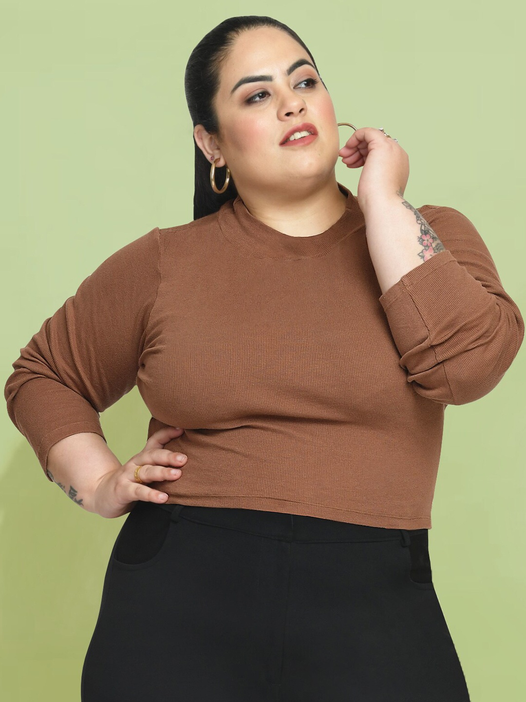 

wild U Plus Size High NecK Cotton Ribbed Fitted Top, Brown