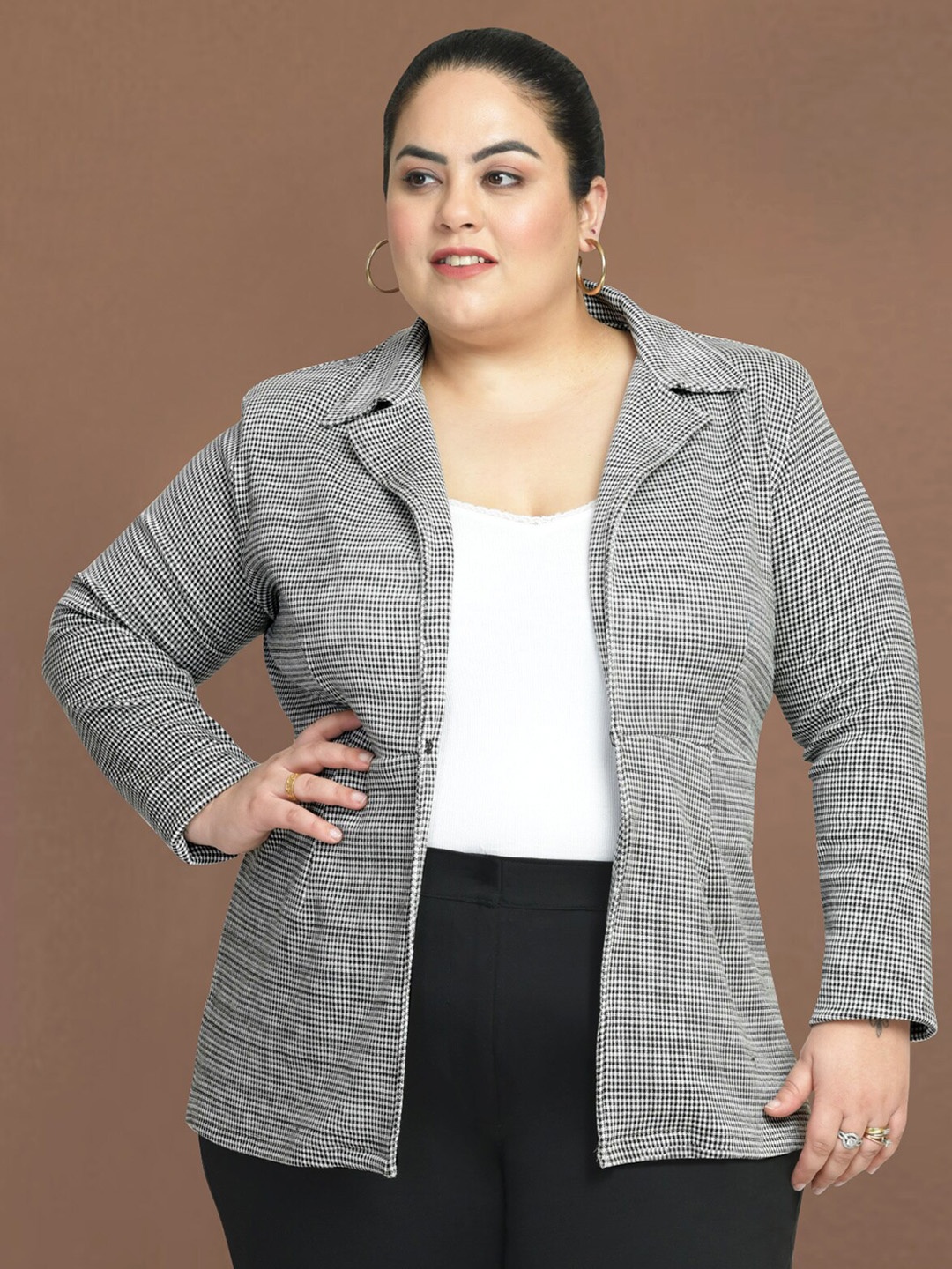 

wild U Plus Size Checked Tailored Fit Single Breasted Blazer, Black