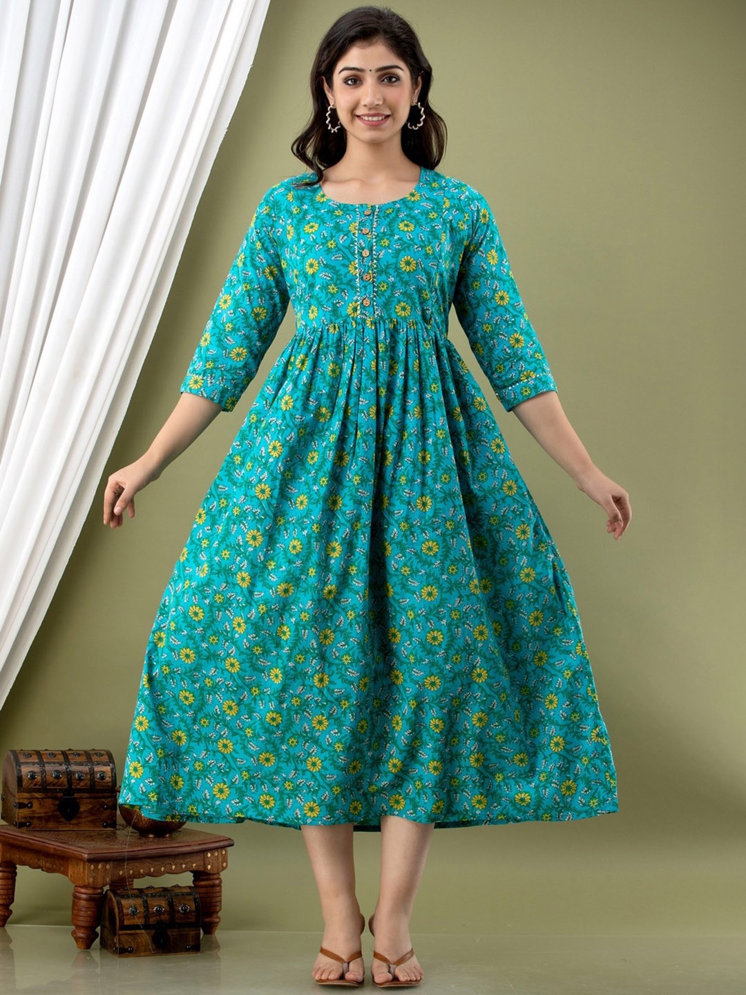

JAIPURFAME Ethnic Motif Cotton Maternity Fit & Flare Midi Ethnic Dress, Turquoise blue
