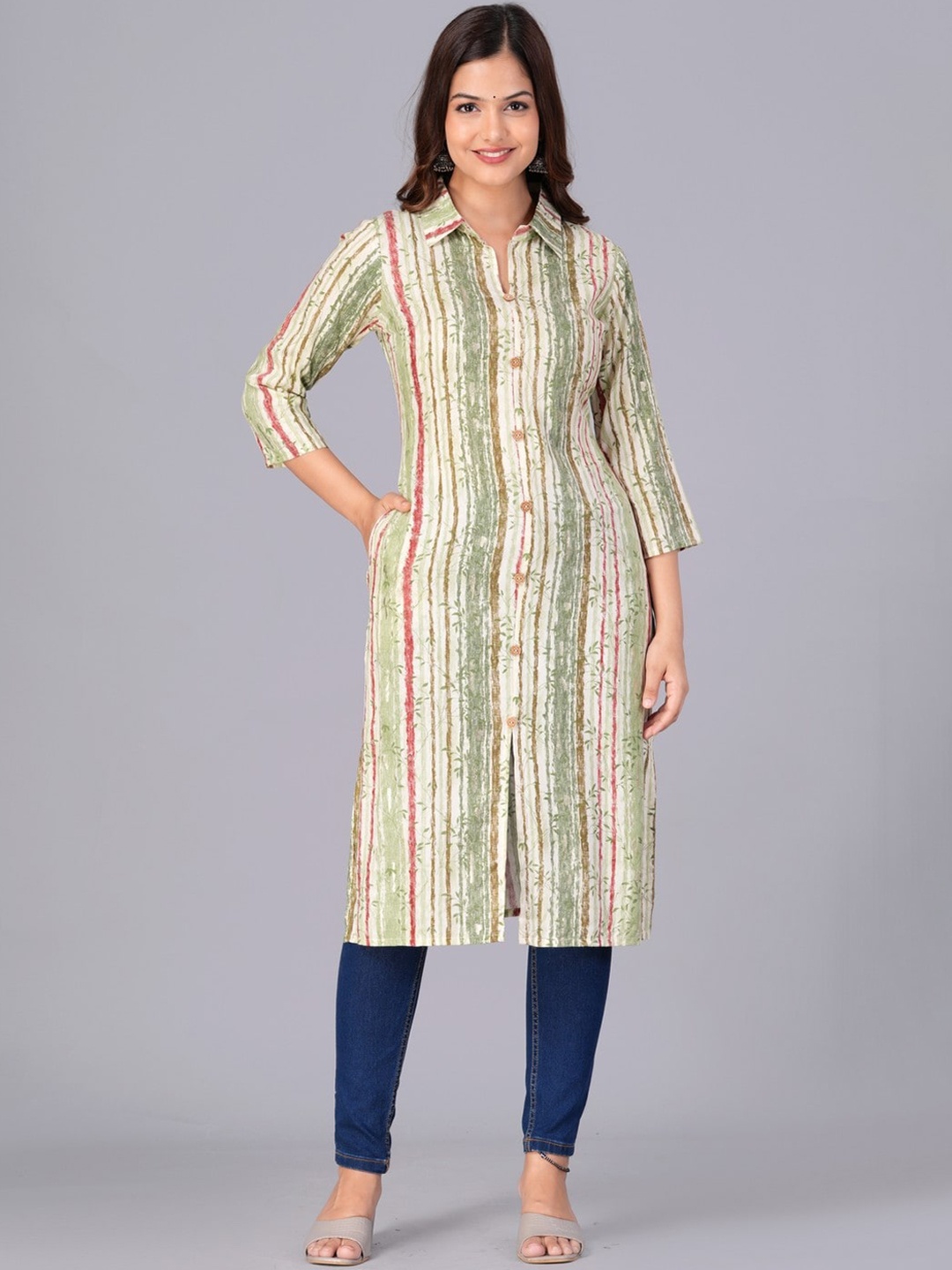 

JAIPURFAME Striped Shirt Collar Straight Cotton Kurta, Green