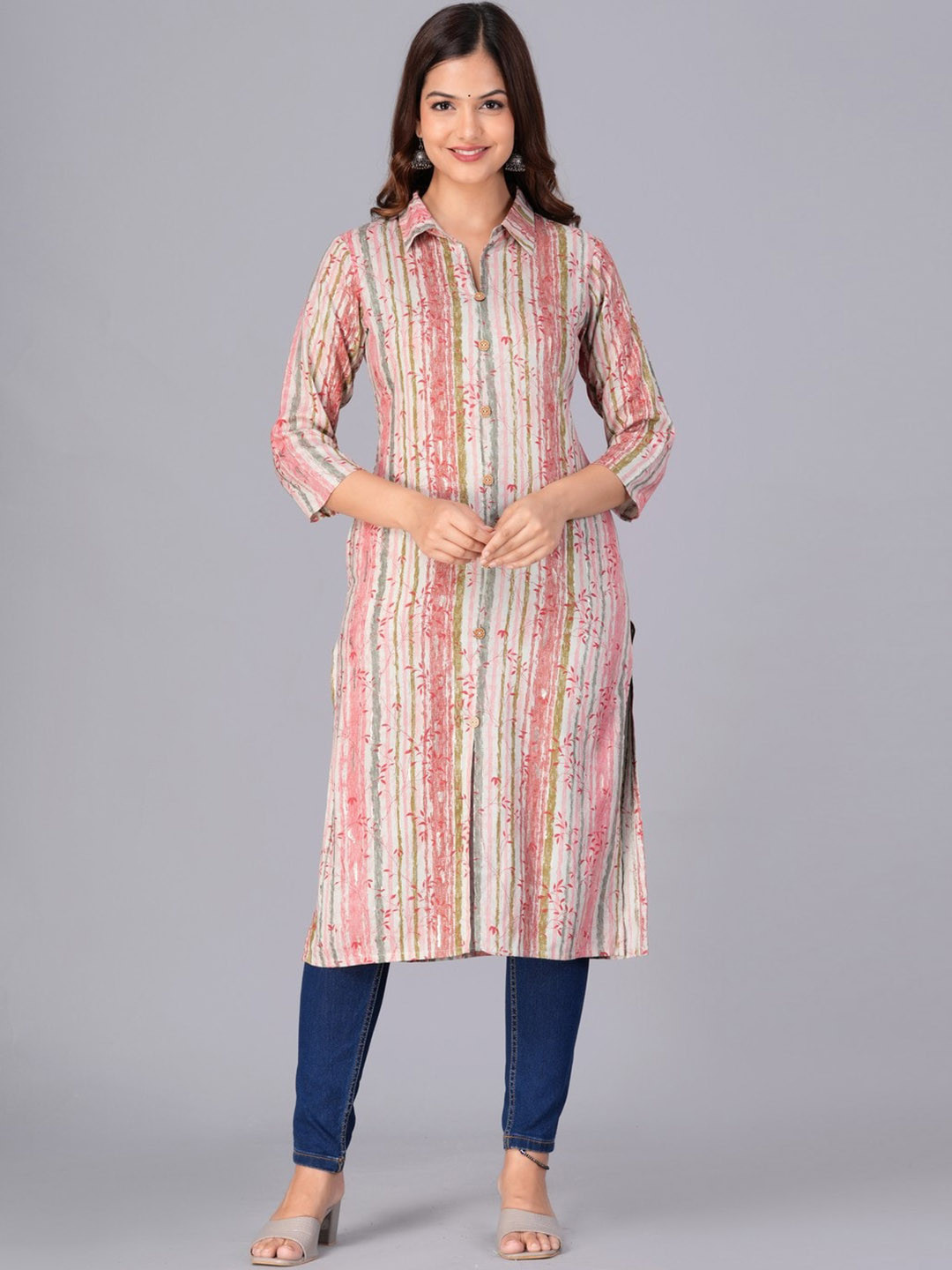 

JAIPURFAME Floral Printed Straight Cotton Kurta, Peach