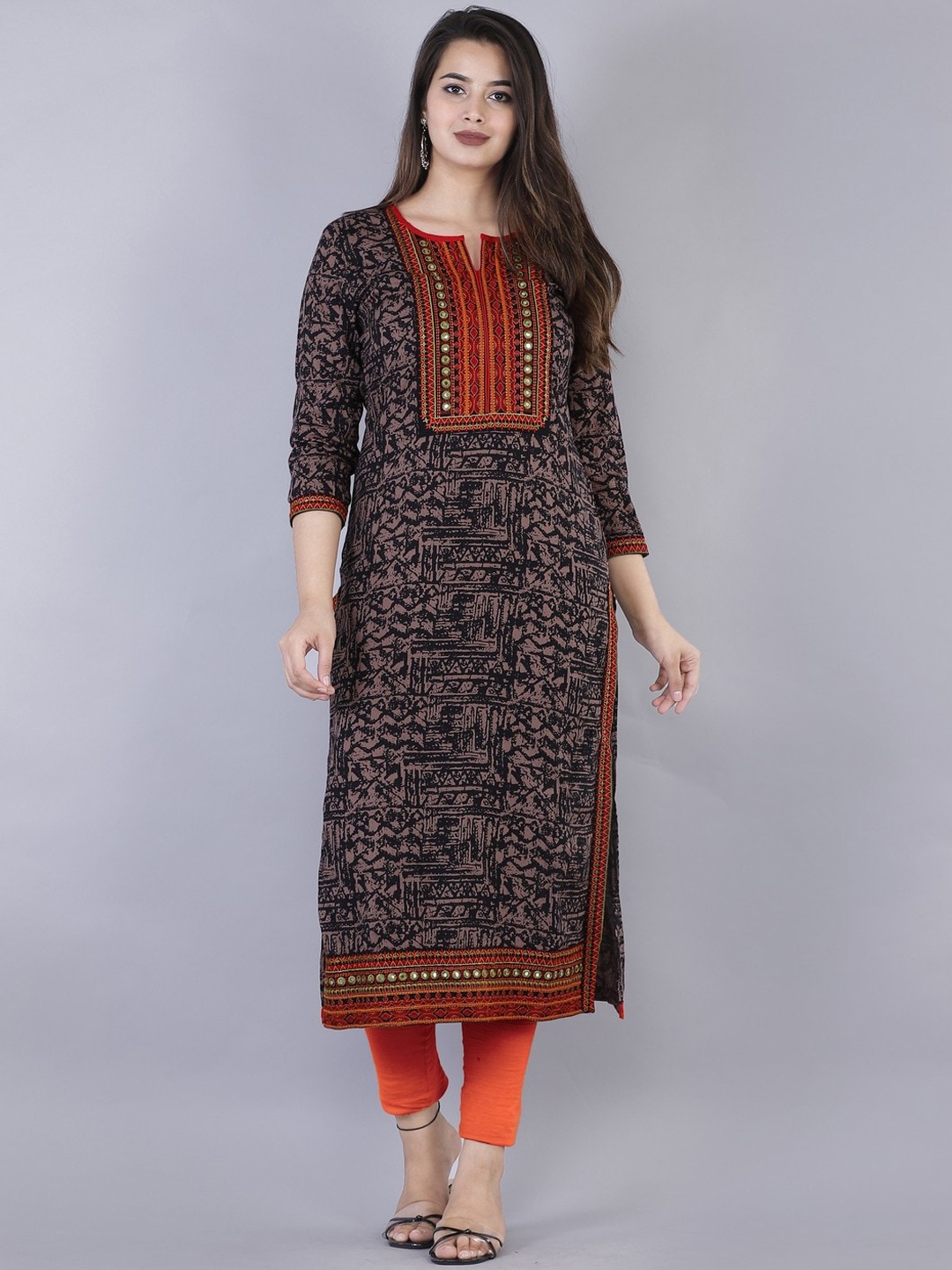 

JAIPURFAME Ethnic Motifs Printed Thread Work Straight Cotton Kurta, Brown