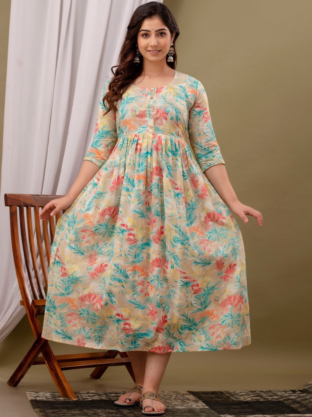 

JAIPURFAME Women Floral Printed Maternity Fit & Flare Midi Ethnic Dress, Cream