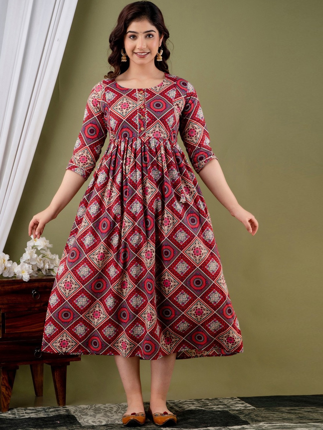 JAIPURFAME Ethnic Motifs Gathered Cotton Fit & Flare Maternity Midi Dress, Maroon