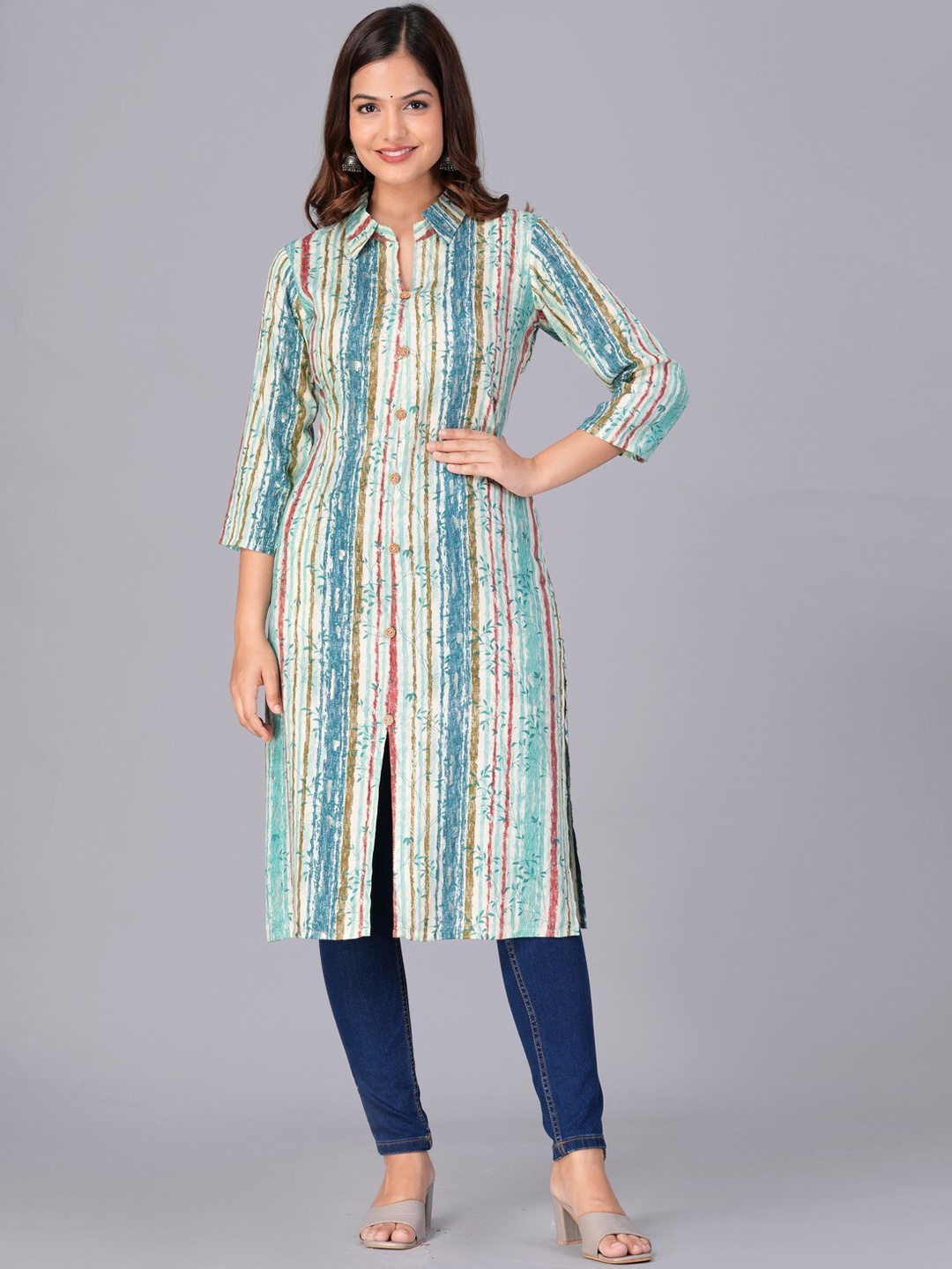 

JAIPURFAME Floral Printed Shirt Collar Cotton Kurta, Turquoise blue