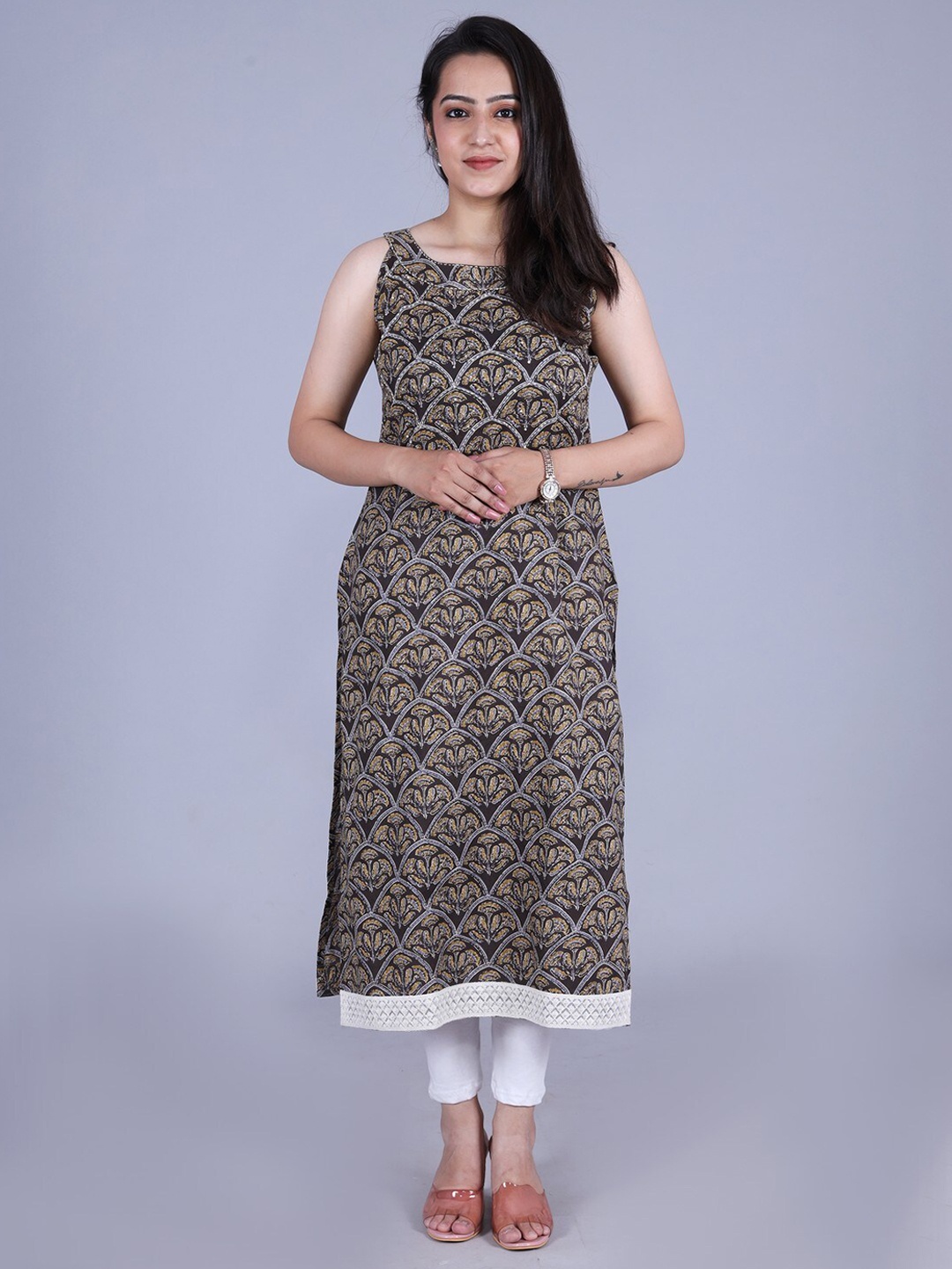 

JAIPURFAME Ethnic Motifs Printed Thread Work Sleeveless Kurta, Black