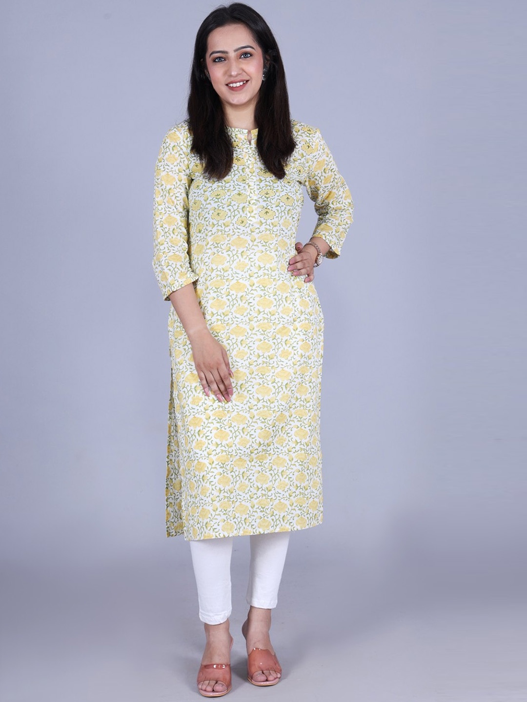 

JAIPURFAME Floral Printed Mandarin Collar Cotton Kurta, Yellow