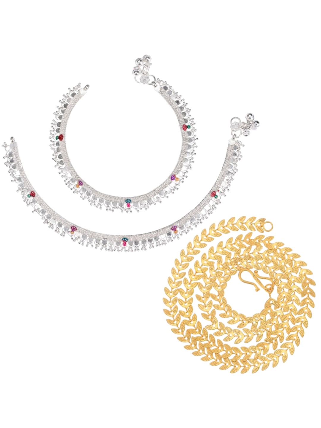 

AanyaCentric Set Of 2 Silver-Plated Anklets With Gold-Plated Chain