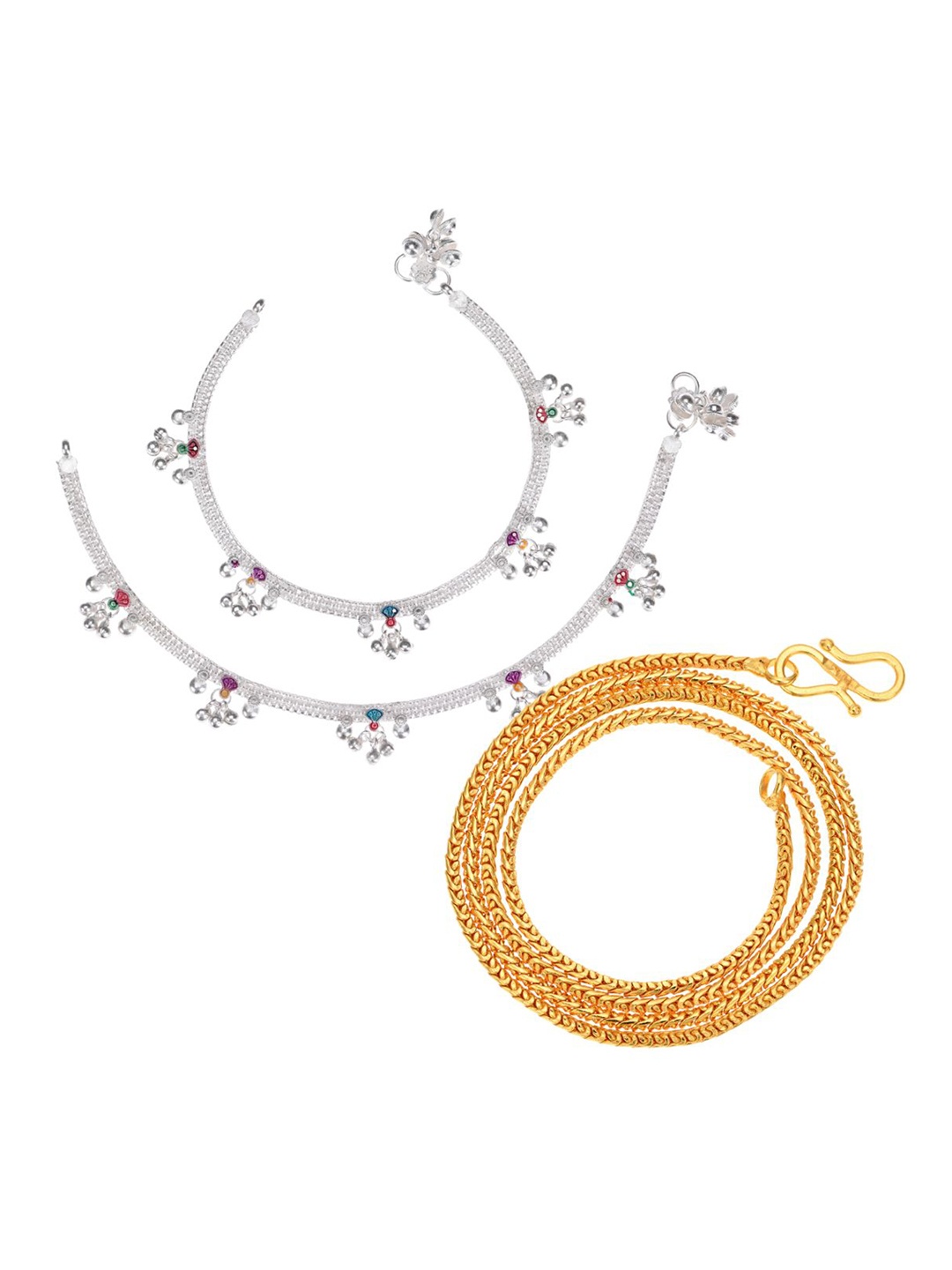 

AanyaCentric Set Of 2 Silver-Plated Anklets With Gold-Plated Chain Jewellery Set