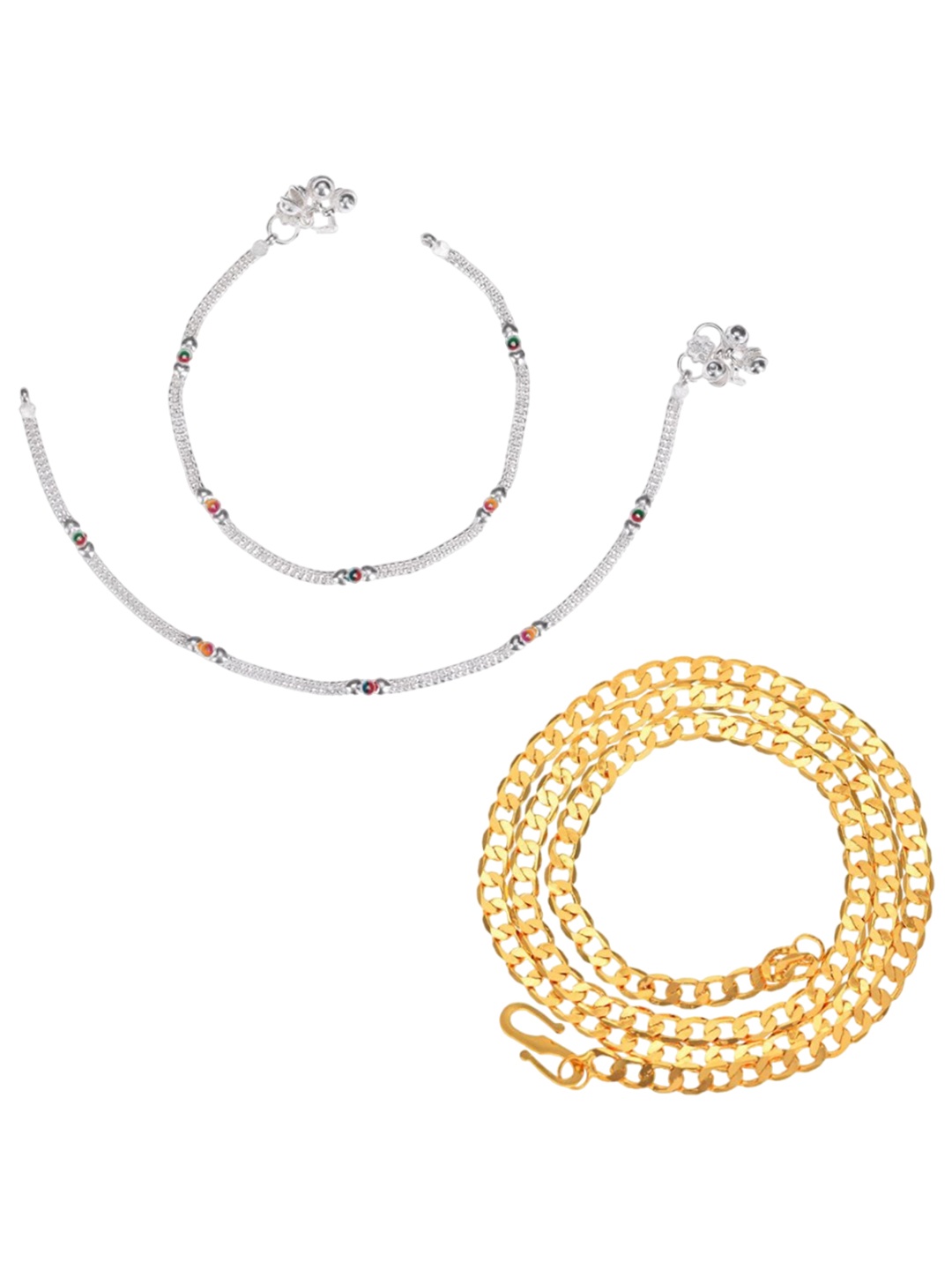 

AanyaCentric Set Of 2 Silver-Plated Beaded Anklets With Gold-Plated Chain