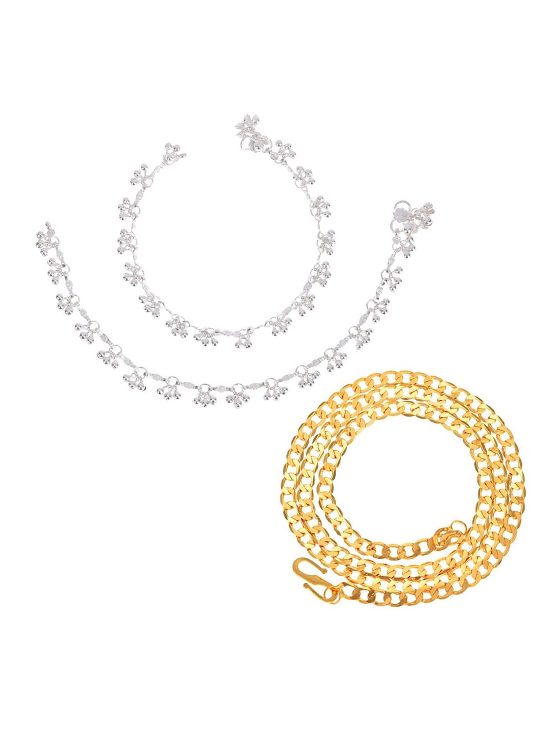 

AanyaCentric Set Of 2 Silver-Plated Beaded Anklets With Gold-Plated Chain