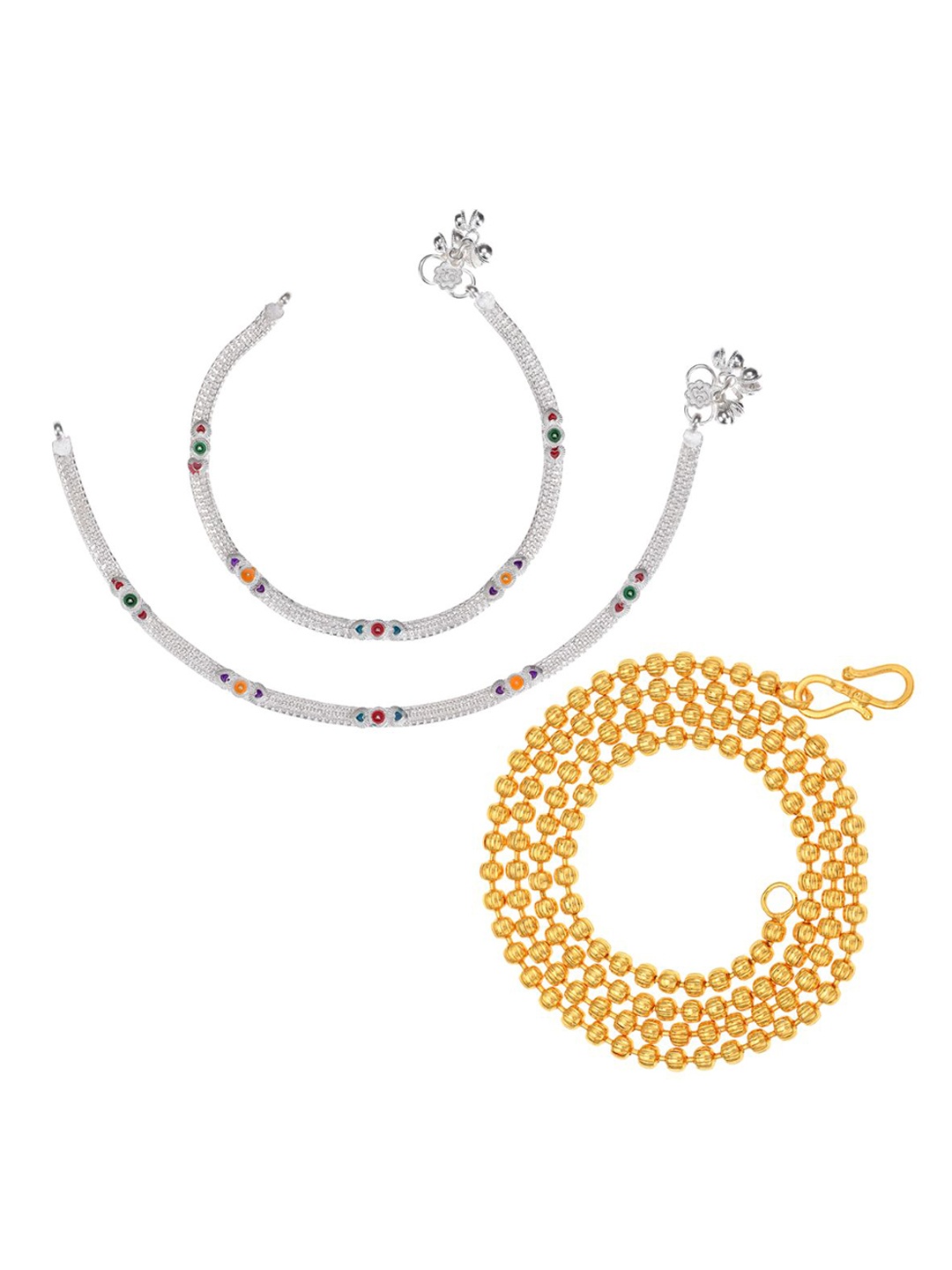 

AanyaCentric Set Of 2 Silver-Plated Anklets With Gold-Plated Ball Chain Jewellery Set