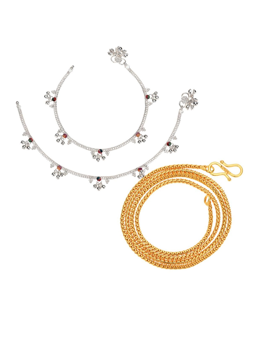 

AanyaCentric Set Of 2 Silver-Plated Anklets With Gold-Plated Chain