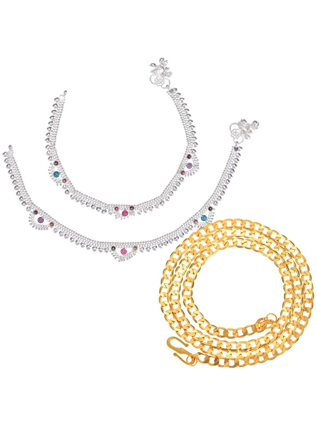 

AanyaCentric Gold-Plated Chain & Silver-Plated Anklets Jewellery Set