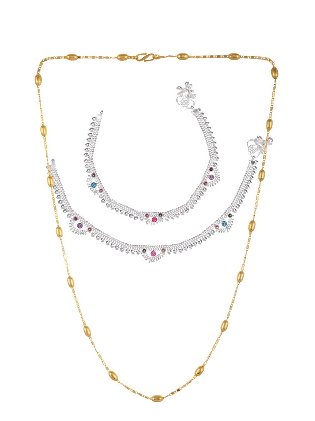 

AanyaCentric Silver-Plated Beaded Anklets With Gold-Plated Chain Jewellery Set