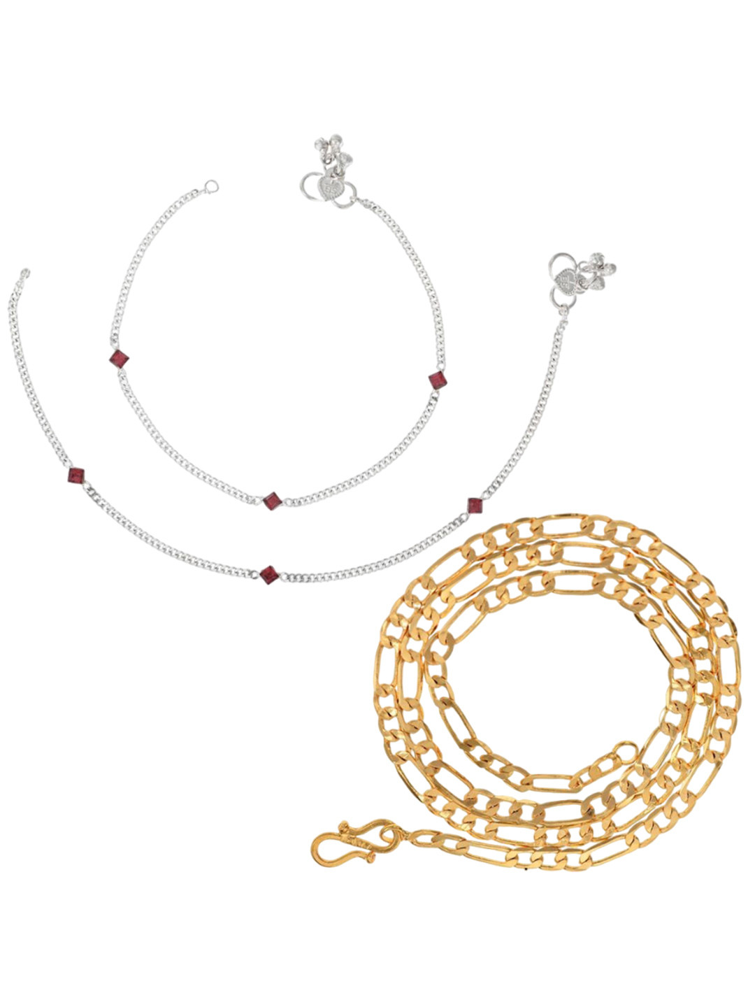 

AanyaCentric Set Of 2 Silver-Plated Anklets With Gold-Plated Chain