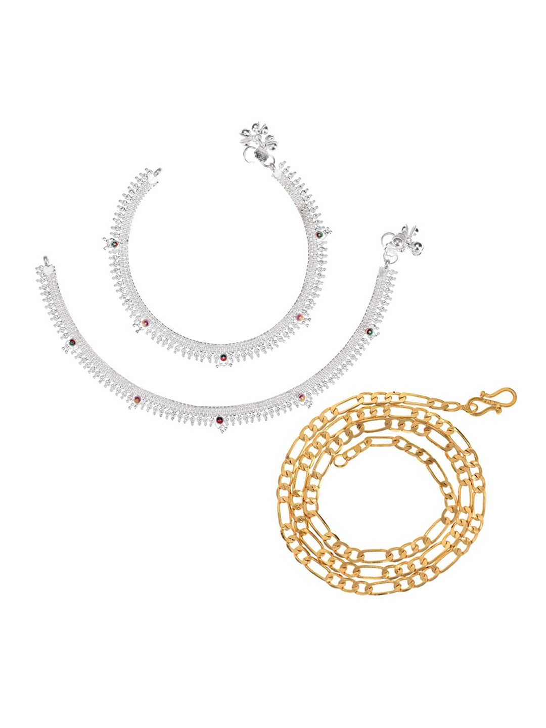

AanyaCentric Set Of 2 Silver-Plated Beaded Anklets With Gold-Plated Chain
