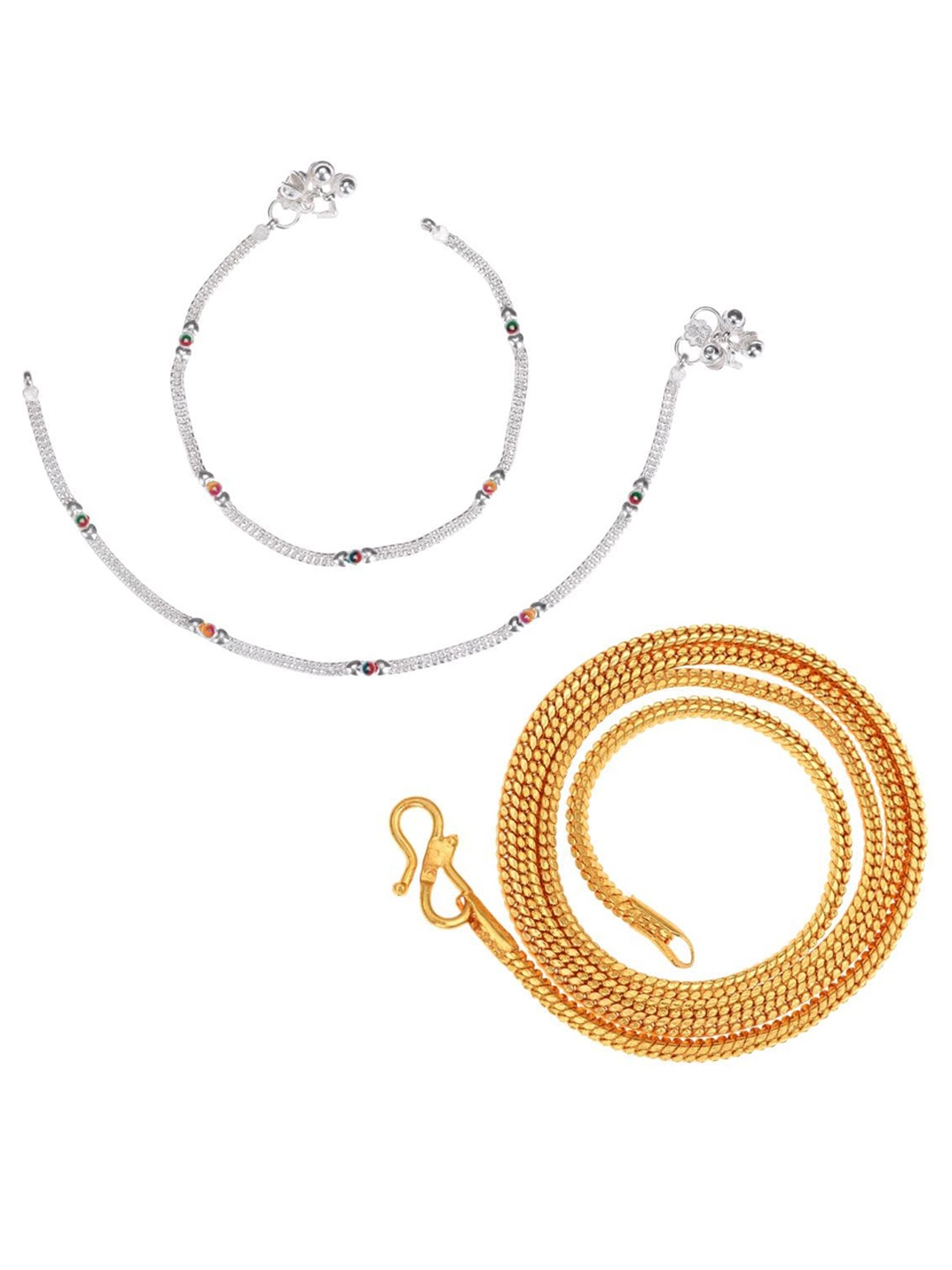 

AanyaCentric Set Of 2 Silver-Plated Anklets With Gold-Plated Chain