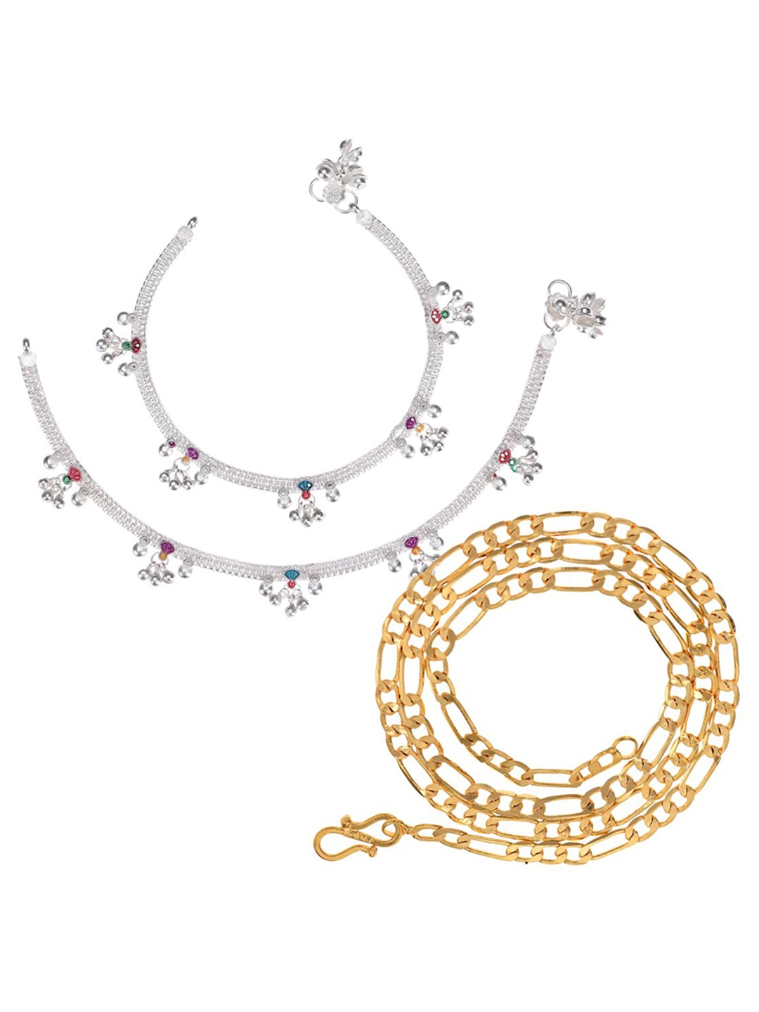 

AanyaCentric Set Of 2 Silver-Plated Beaded Anklets With Gold-Plated Chain