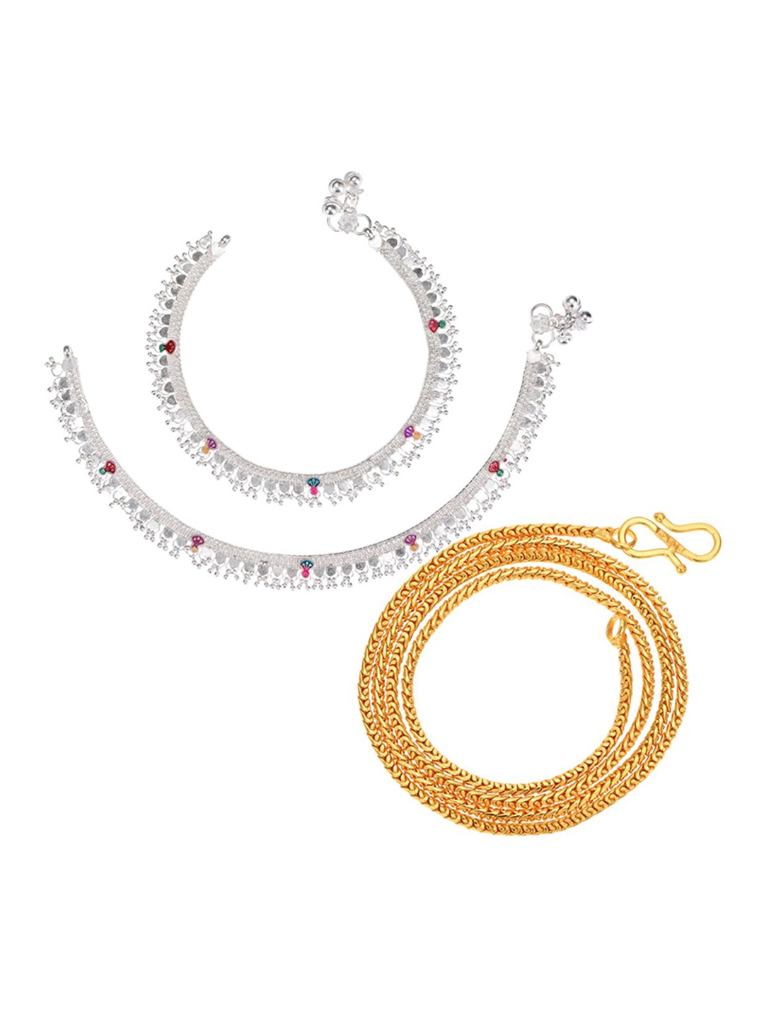 

AanyaCentric Set Of 2 Silver-Plated Anklets With Gold-Plated Chain