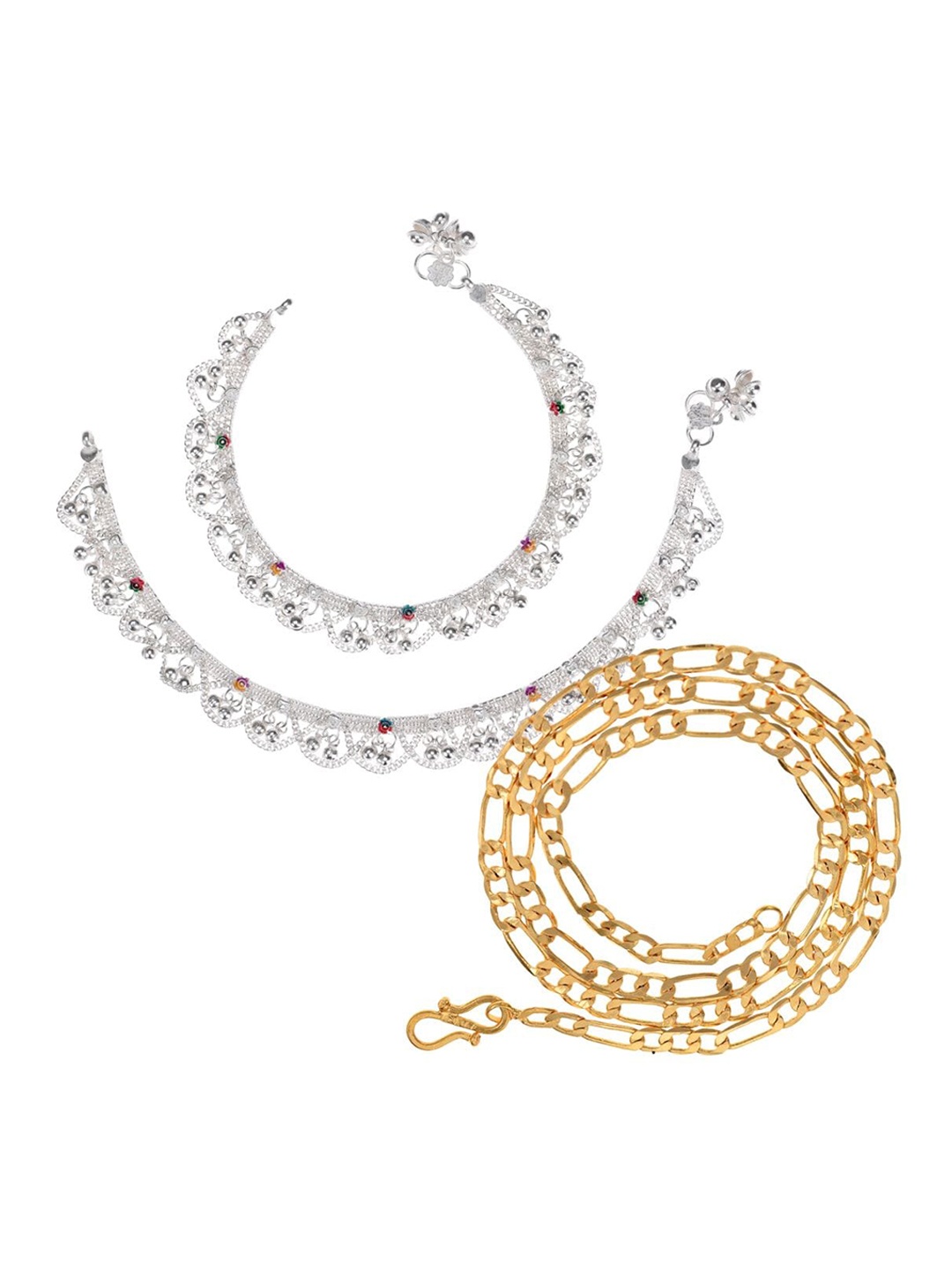

AanyaCentric Set Of 2 Silver-Plated Anklets With Gold-Plated Chain