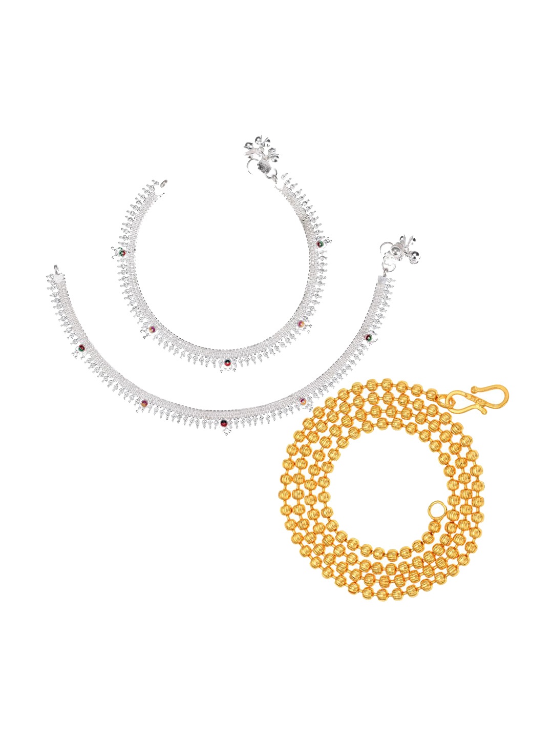 

AanyaCentric Set Of 2 Silver-Plated Beaded Anklets With Gold-Plated Chain