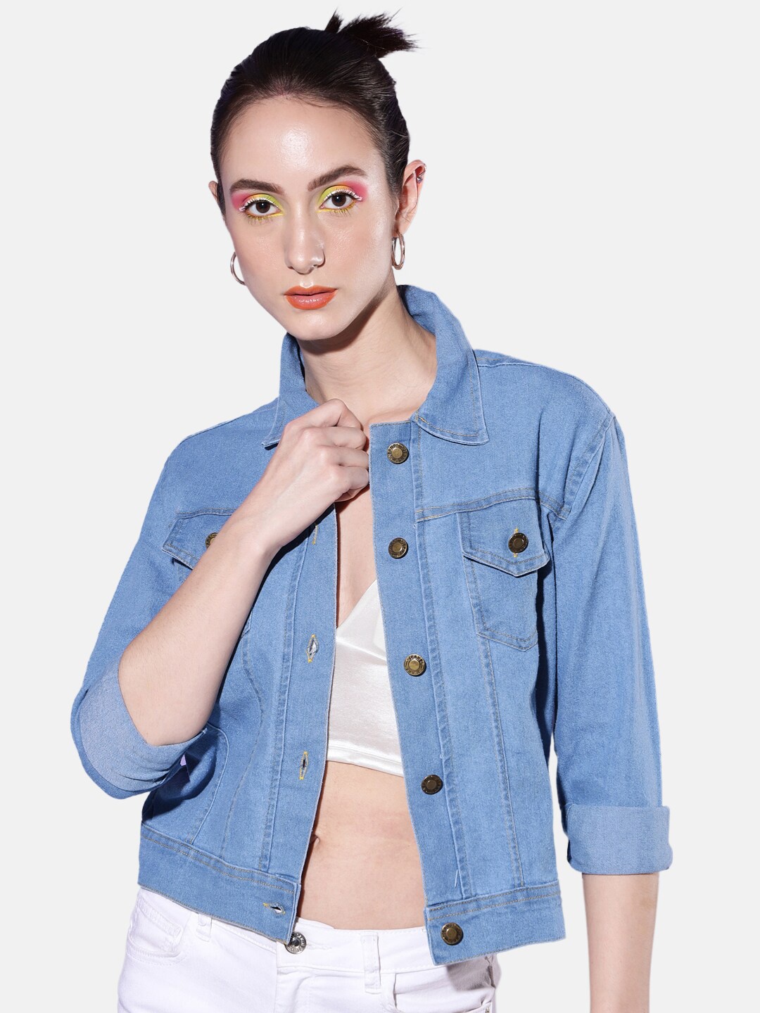 

BUY NEW TREND Washed Spread Collar Lightweight Denim Jacket, Blue