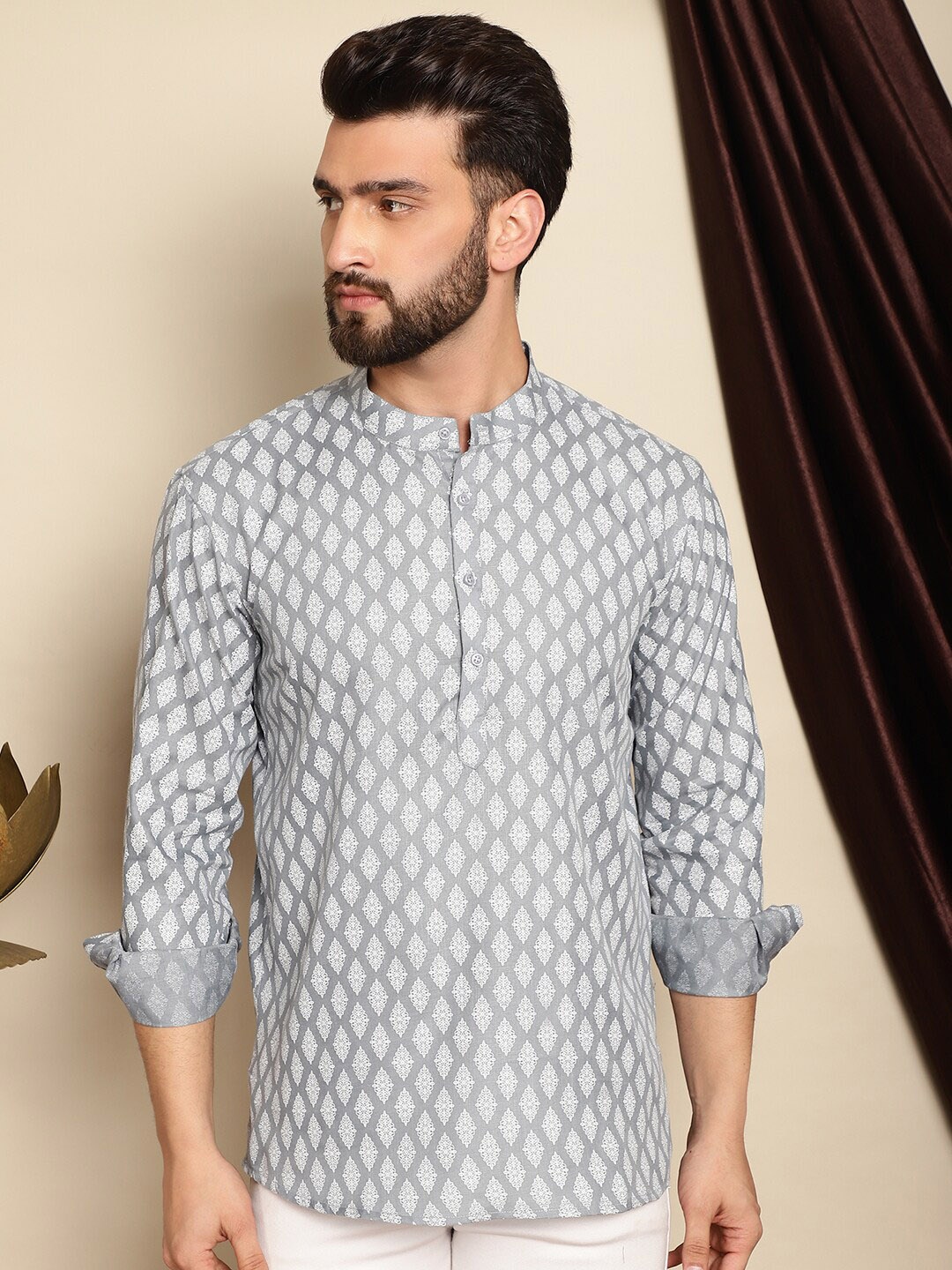 

Anouk Grey Ethnic Motifs Printed Band Collar Cotton Linen Straight Short Kurta