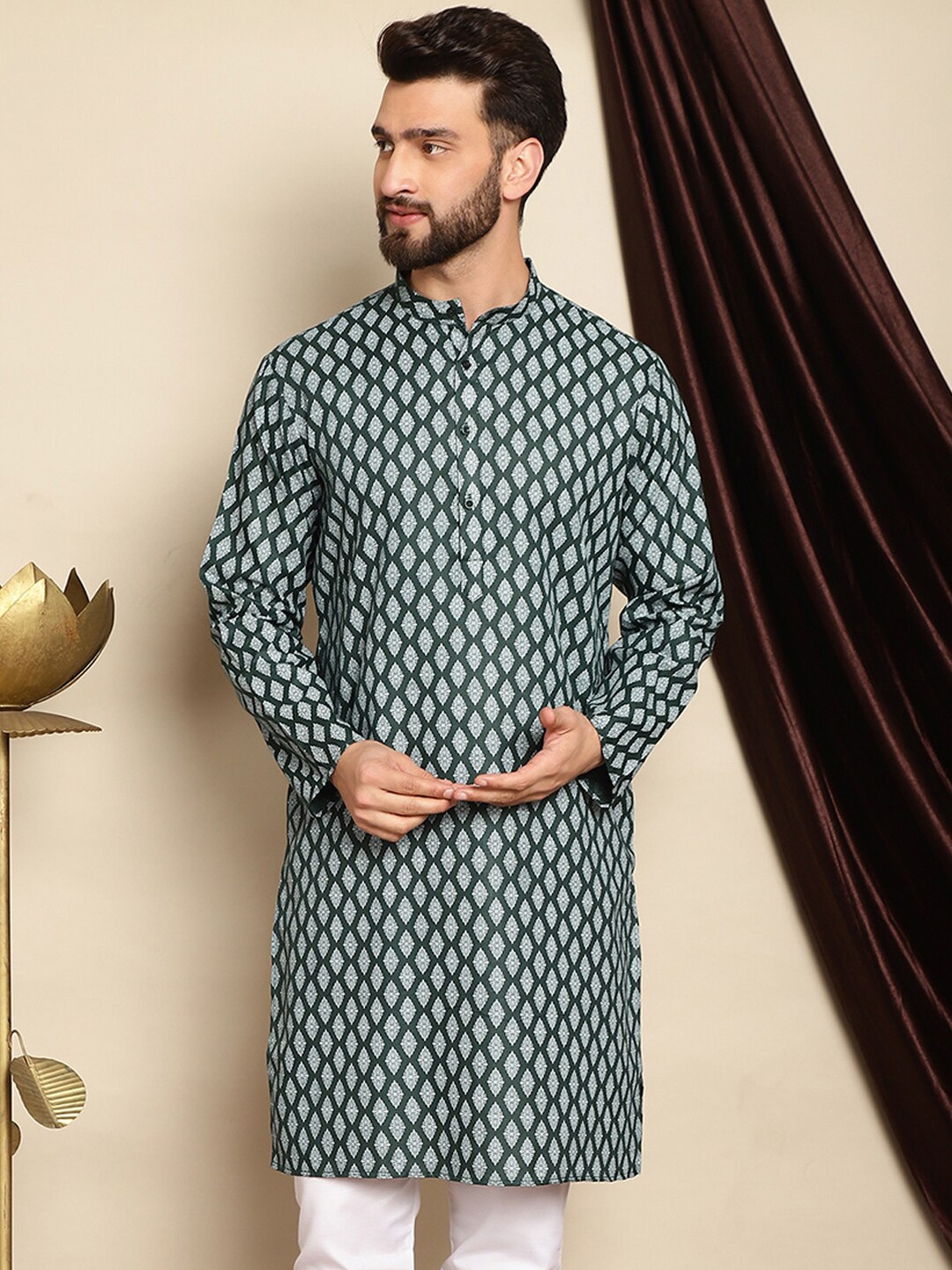 

Anouk Green Ethnic Motifs Printed Band Collar Straight Cotton Linen Kurta