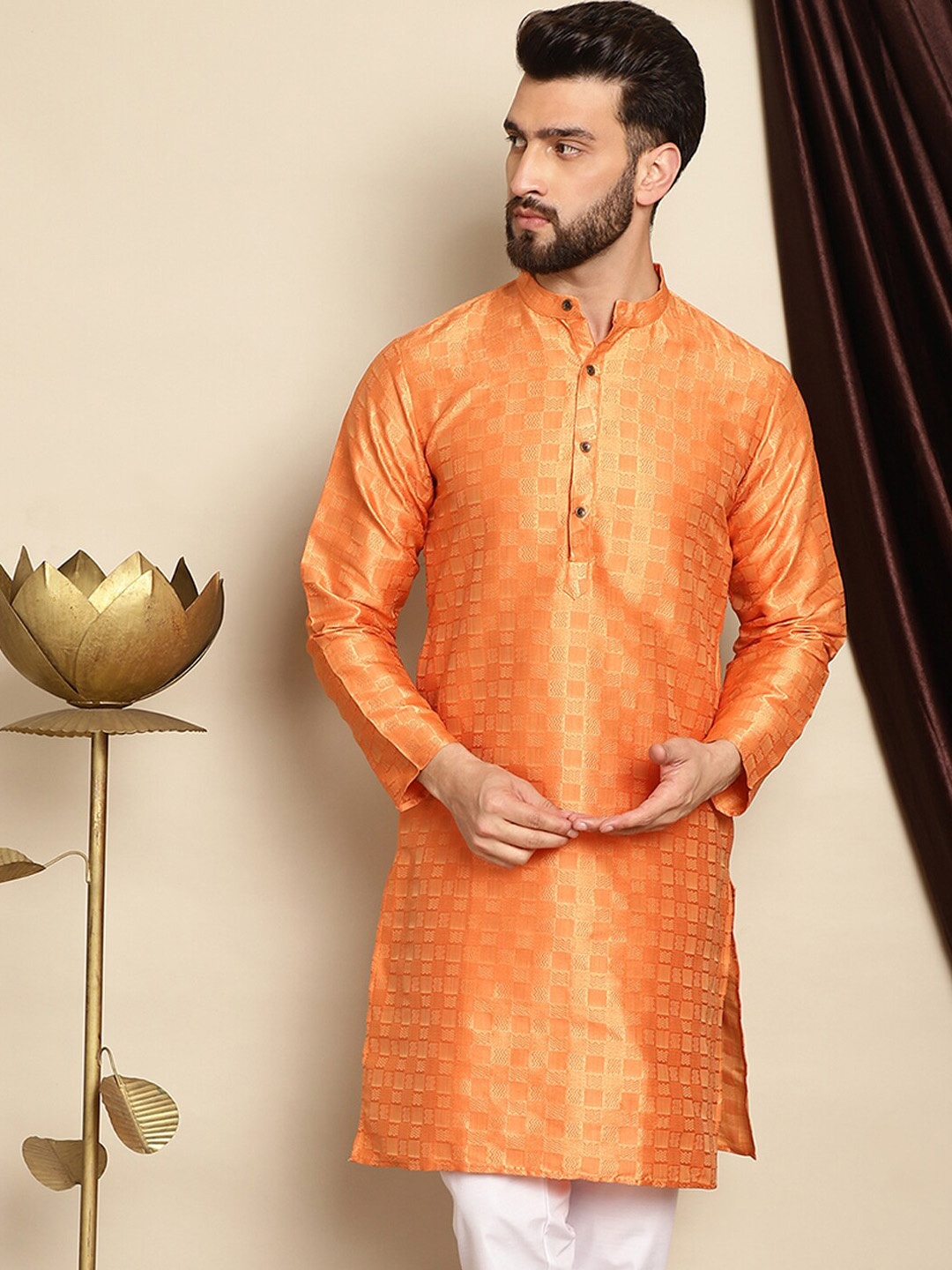 

Anouk Woven Design Jacquard Silk Cotton Straight Kurta, Orange